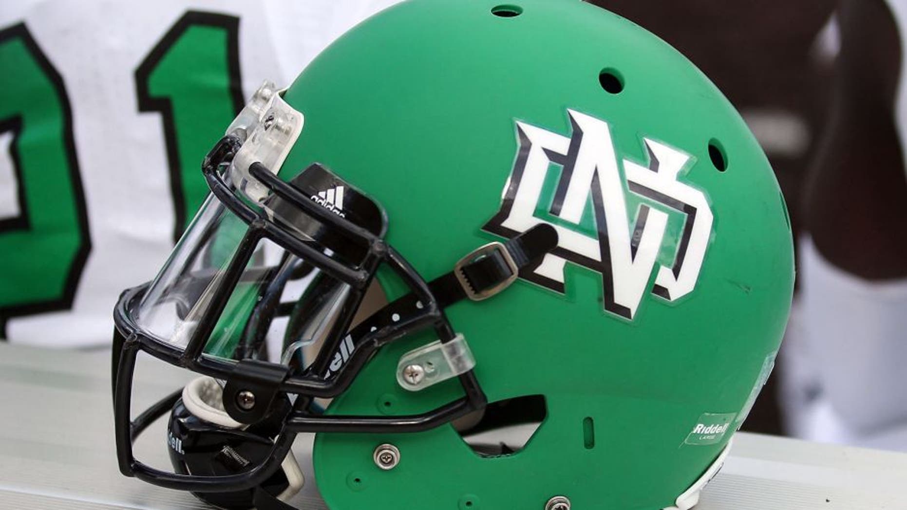 Sep 5, 2015; Laramie, WY, USA; A general view of the North Dakota helmet against the Wyoming Cowboys at War Memorial Stadium. North Dakota beat Wyoming 24-13. Mandatory Credit: Troy Babbitt-USA TODAY Sports