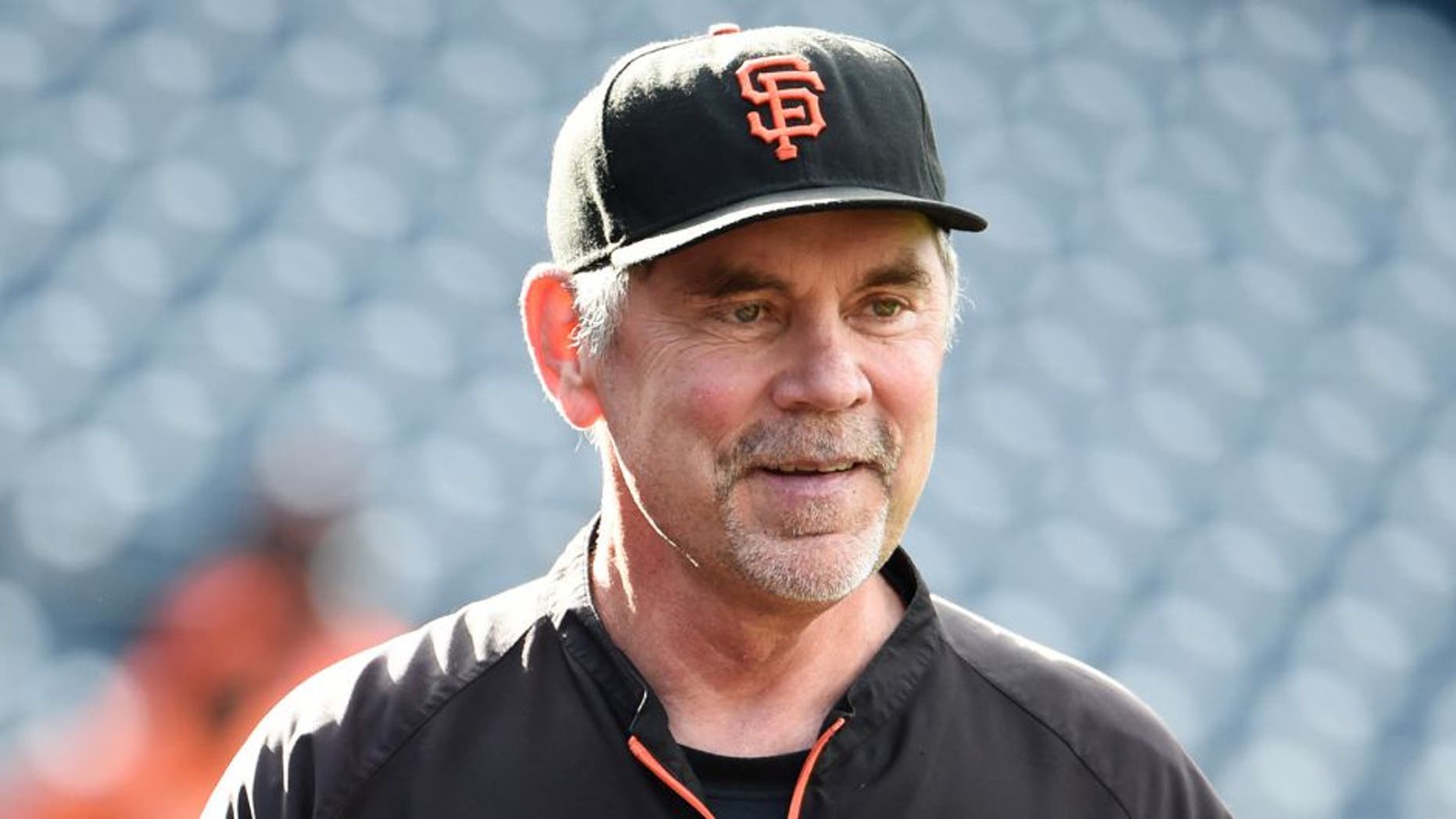 SAN DIEGO, CA - JULY 21: Bruce Bochy #15 of the San Francisco Giants looks on during batting practice before a baseball game against the San Diego Padres at Petco Park July 21, 2015 in San Diego, California. (Photo by Denis Poroy/Getty Images)
