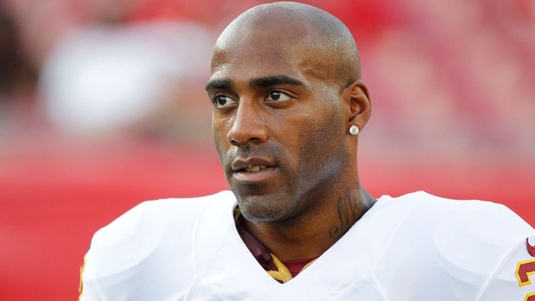 Aug 28, 2014; Tampa, FL, USA; Washington Redskins cornerback DeAngelo Hall (23) looks on prior to the game against the Tampa Bay Buccaneers at Raymond James Stadium. Mandatory Credit: Kim Klement-USA TODAY Sports