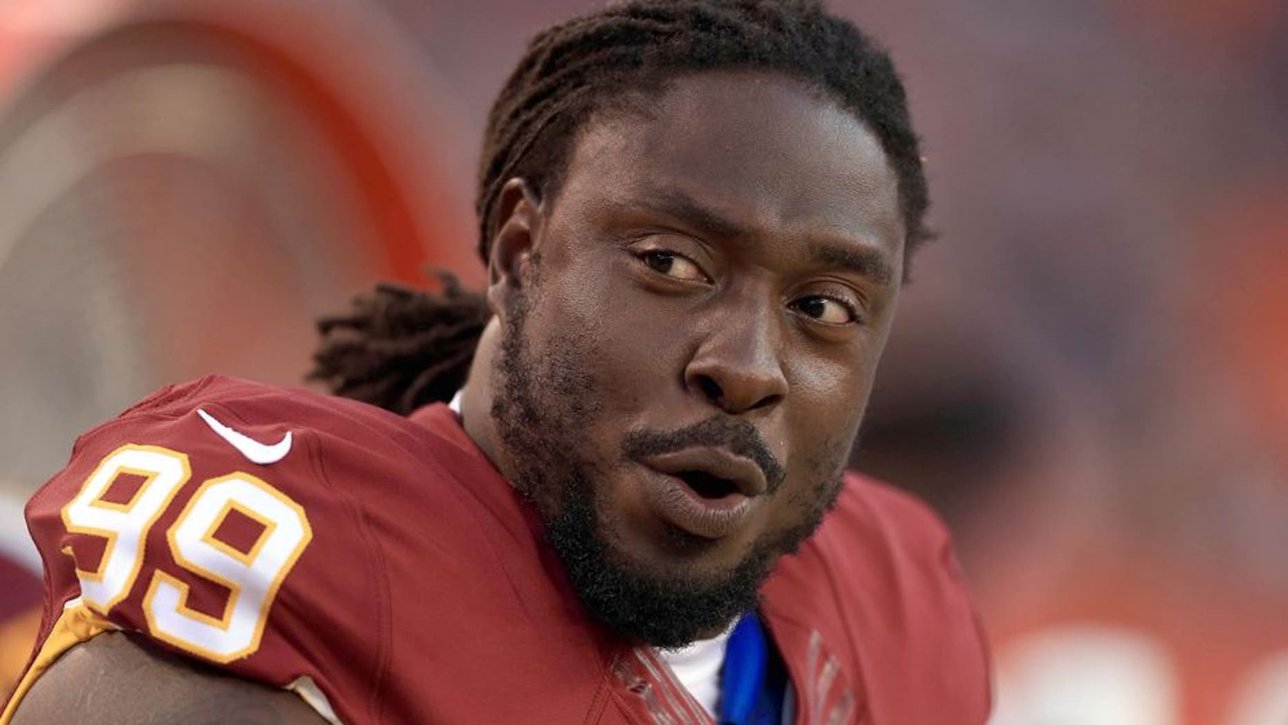 Aug 13, 2015; Cleveland, OH, USA; Washington Redskins defensive tackle Ricky Jean Francois (99) in a preseason NFL football game against the Cleveland Browns at FirstEnergy Stadium. Mandatory Credit: Andrew Weber-USA TODAY Sports