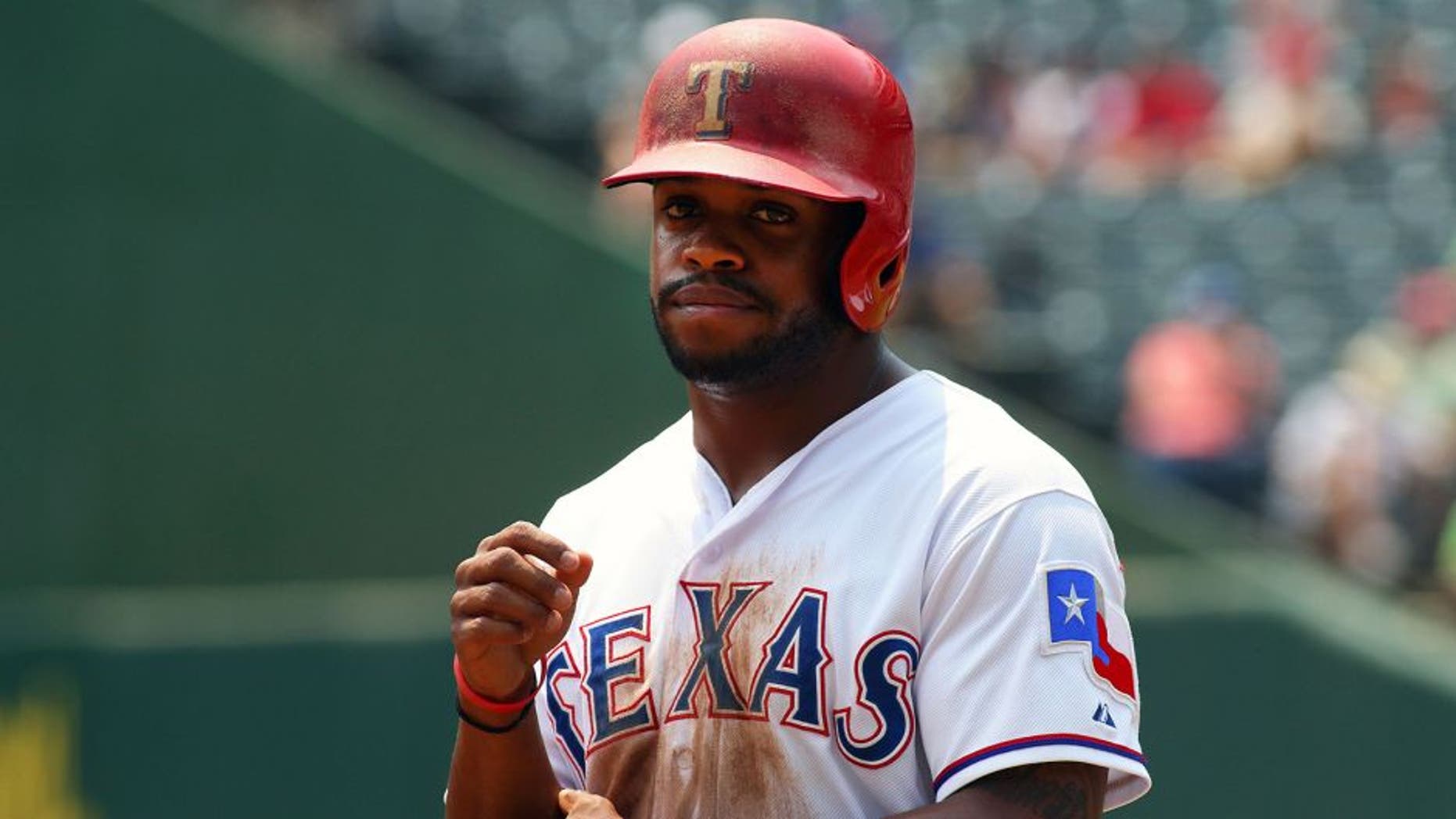 Aug 27, 2015; Arlington, TX, USA; Texas Rangers center fielder Delino DeShields (7) stands at 3rd base during a game against the Toronto Blue Jays at Globe Life Park in Arlington. Rangers won 4-1. Mandatory Credit: Ray Carlin-USA TODAY Sports