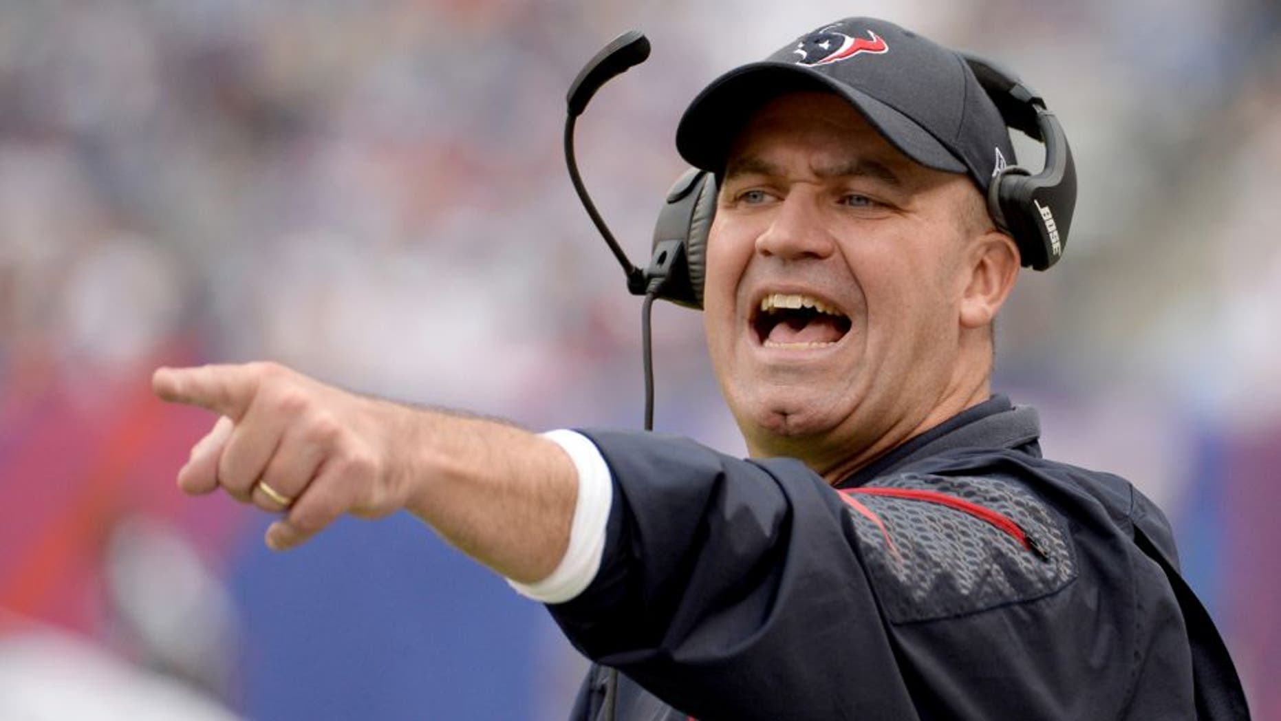Sep 21, 2014; East Rutherford, NJ, USA; Houston Texans head coach Bill O'Brien during the game against the New York Giants at MetLife Stadium. Mandatory Credit: Robert Deutsch-USA TODAY Sports