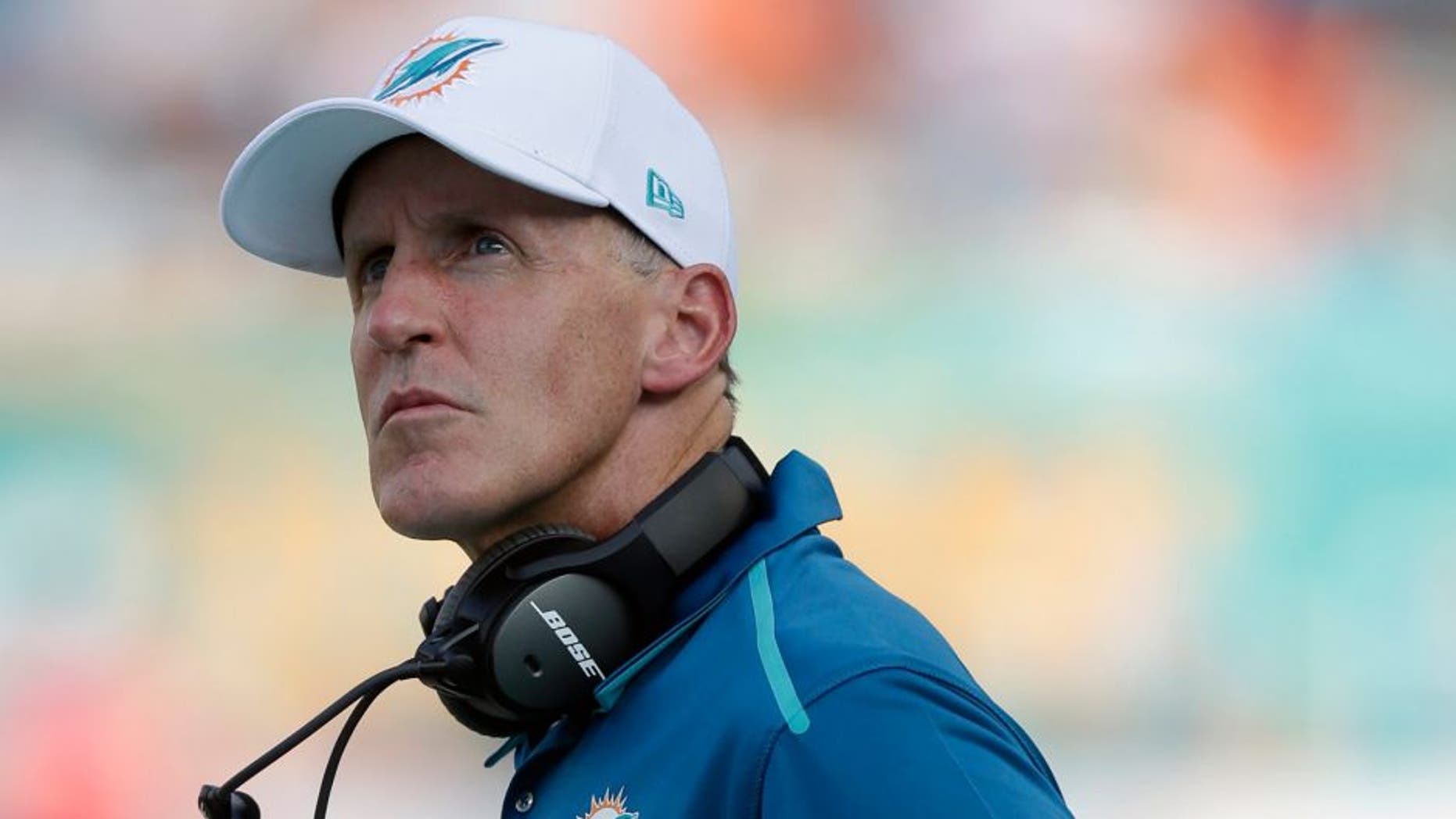 Miami Dolphins head coach Joe Philbin looks up during the second half of an NFL football game against the Kansas City Chiefs, Sunday, Sept. 21, 2014, in Miami Gardens, Fla. (AP Photo/Wilfredo Lee)