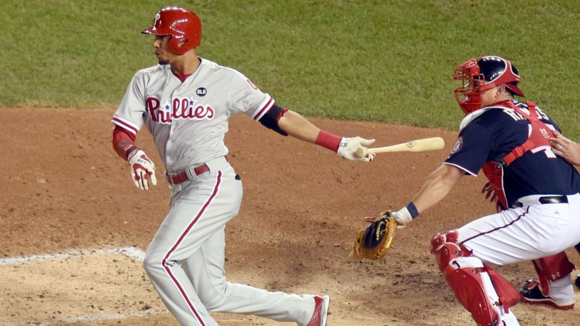 WASHINGTON, DC - SEPTEMBER 25: Aaron Altherr #40 of the Philadelphia Phillies hits a inside the park grand slam homer in the second inning during a baseball game against the Washington Nationals at Nationals Park on September 25, 2015 in Washington, DC. (Photo by Mitchell Layton/Getty Images)
