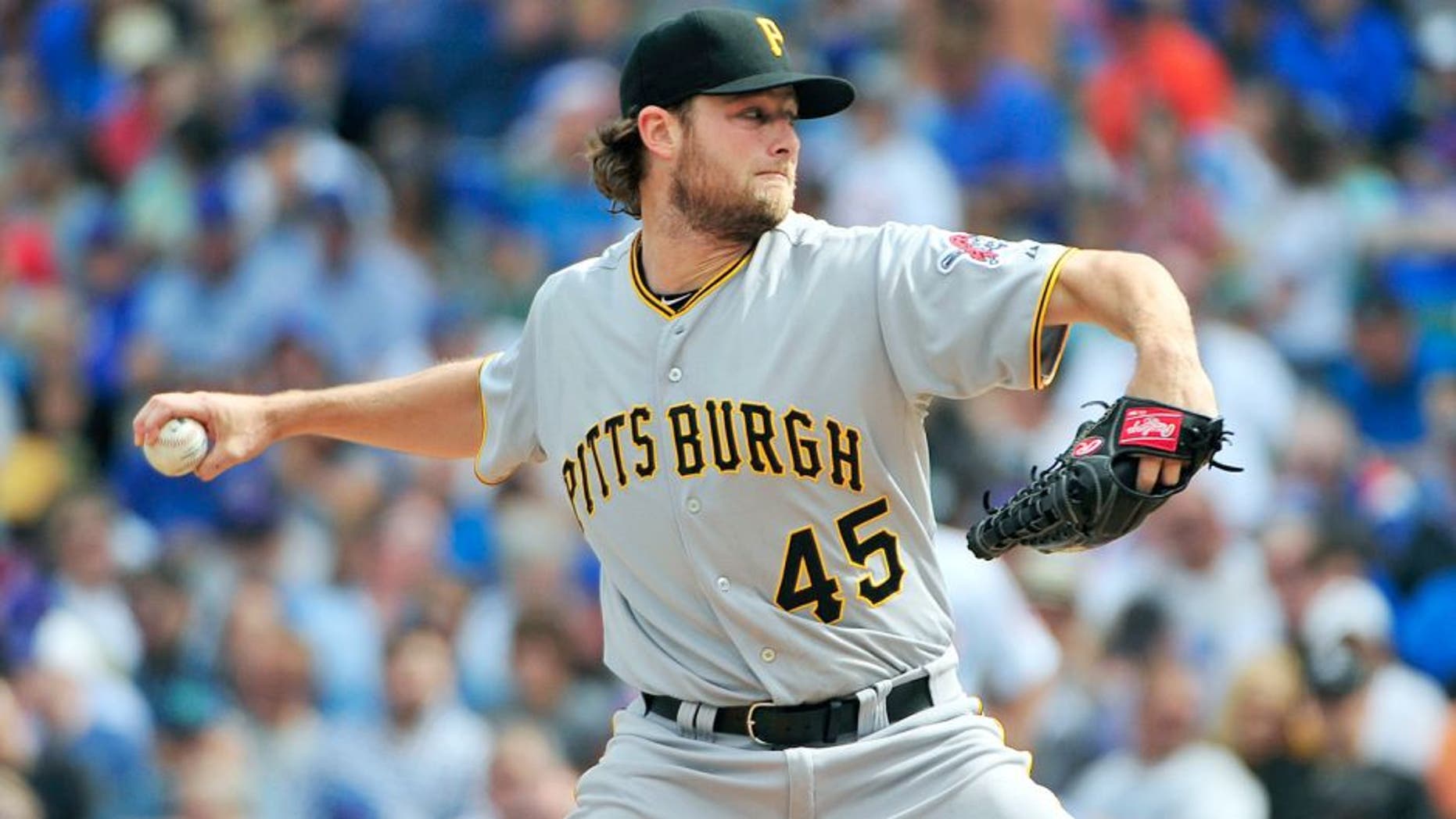 CHICAGO, IL - SEPTEMBER 25: Gerrit Cole #45 of the Pittsburgh Pirates pitches against the Chicago Cubs during the first inning on September 25, 2015 at Wrigley Field in Chicago, Illinois. (Photo by David Banks/Getty Images)