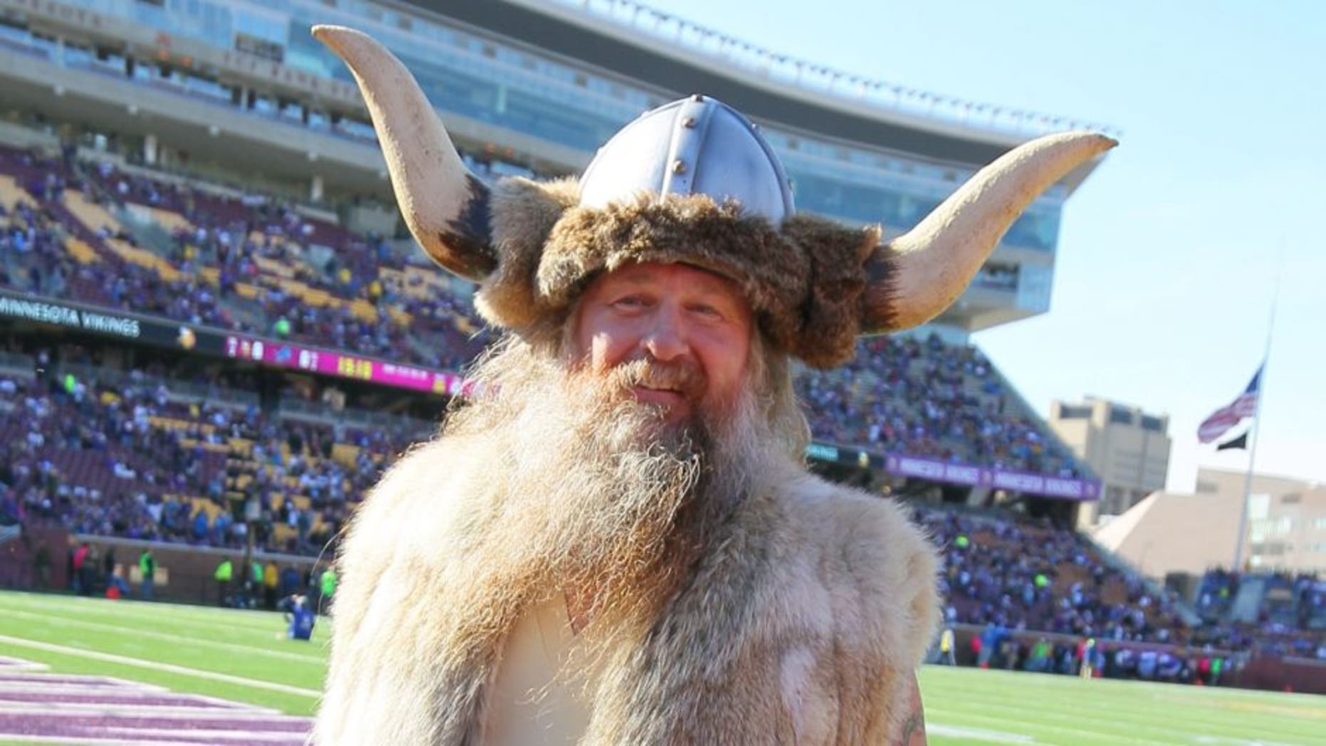 MINNEAPOLIS, MN - OCTOBER 12: Minnesota Vikings mascot Ragnar poses on the field before the game against the Detroit Lions on October 12, 2014 at TCF Bank Stadium in Minneapolis, Minnesota. (Photo by Adam Bettcher/Getty Images)