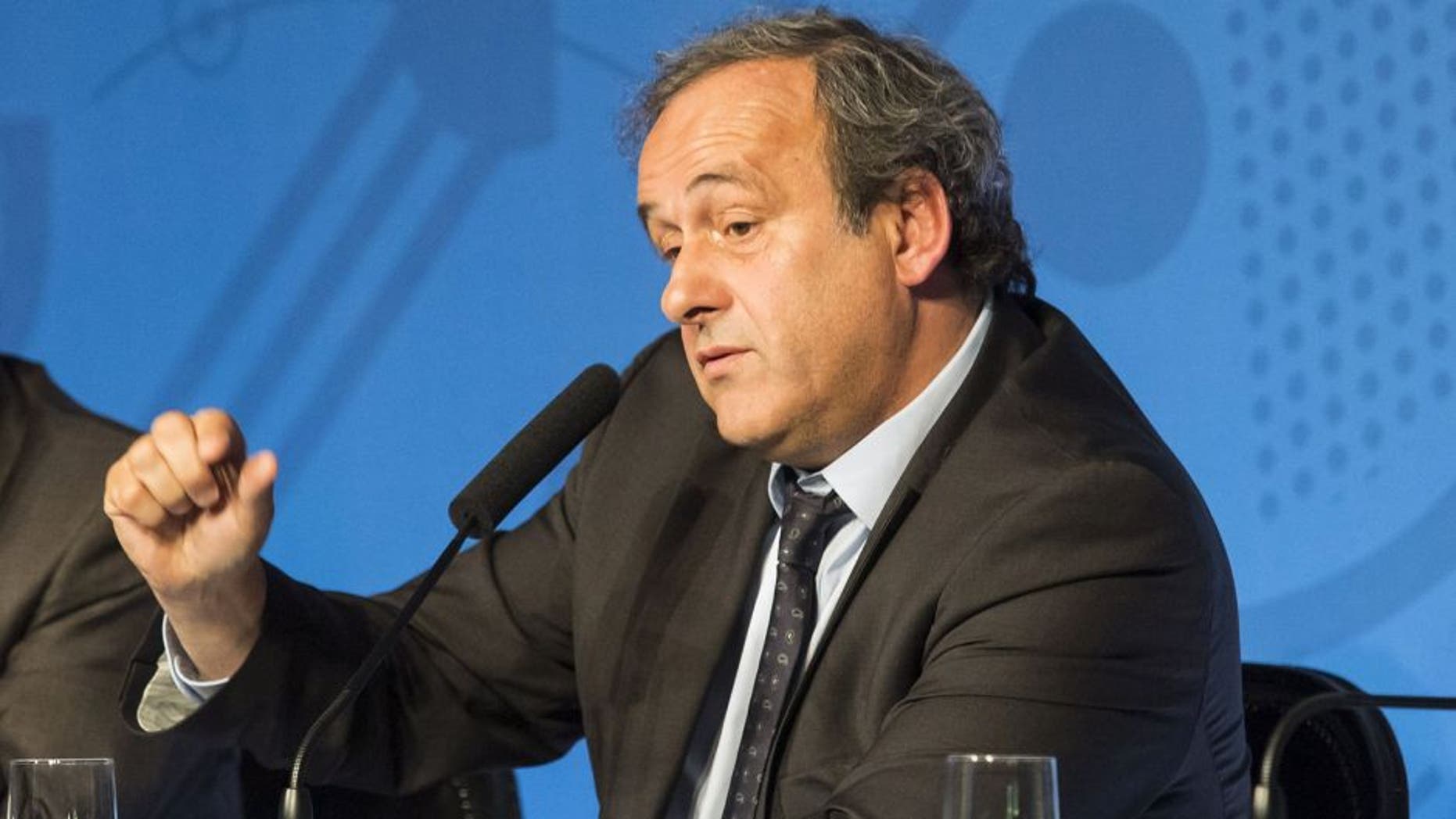 PARIS, FRANCE - JUNE 10: President of the Union of European Football Associations (UEFA) Michel Platini gives a press conference on June 10, 2015 in Paris, on the first day of sale of one million of Euro 2016 tickets. (Photo by Geoffroy Van der Hasselt/Anadolu Agency/Getty Images)