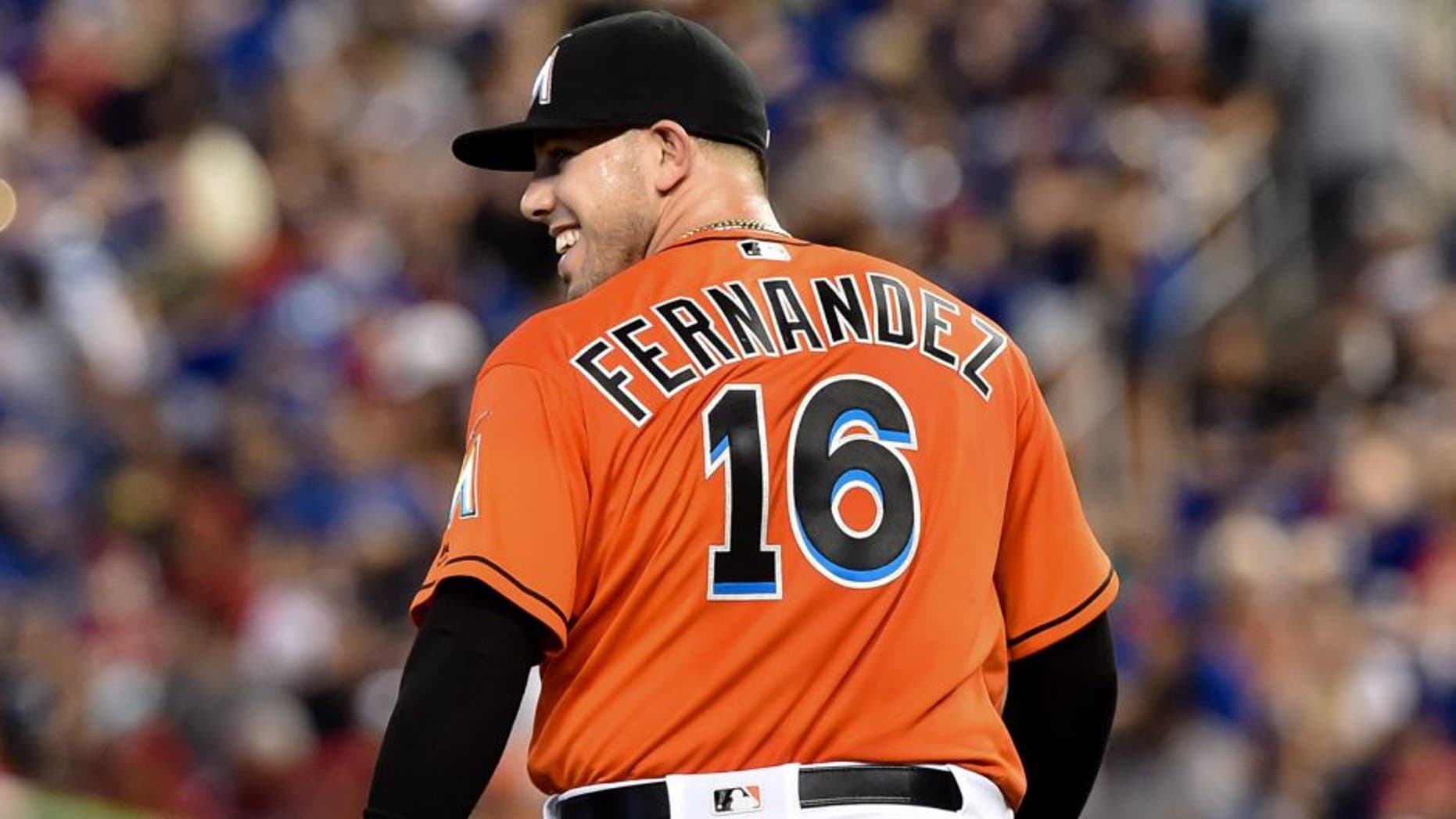 Jun 5, 2016; Miami, FL, USA; Miami Marlins starting pitcher Jose Fernandez (16) smiles during a game against the New York Mets at Marlins Park. The Marlins won 1-0. Mandatory Credit: Steve Mitchell-USA TODAY Sports