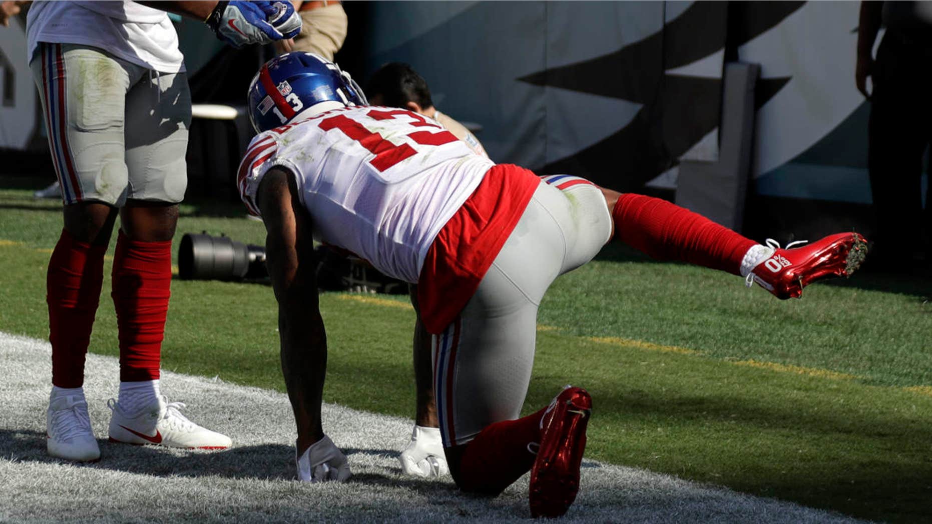 New York Giants' Odell Beckham, right, celebrates with Sterling Shepard after a touchdown during the second half of an NFL football game against the Philadelphia Eagles, Sunday, Sept. 24, 2017, in Philadelphia.