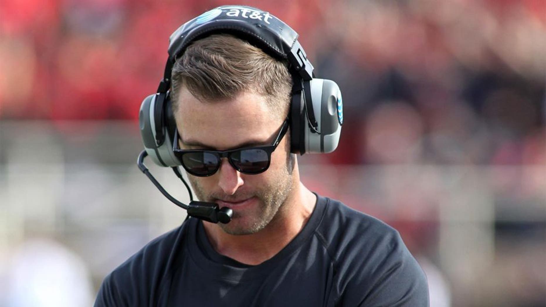 Sep 13, 2014; Lubbock, TX, USA; Texas Tech Red Raiders head coach Kliff Kingsbury looks on from the sidelines during the fourth quarter in the game with the Arkansas Razorbacks at Jones AT&T Stadium. Mandatory Credit: Michael C. Johnson-USA TODAY Sports
