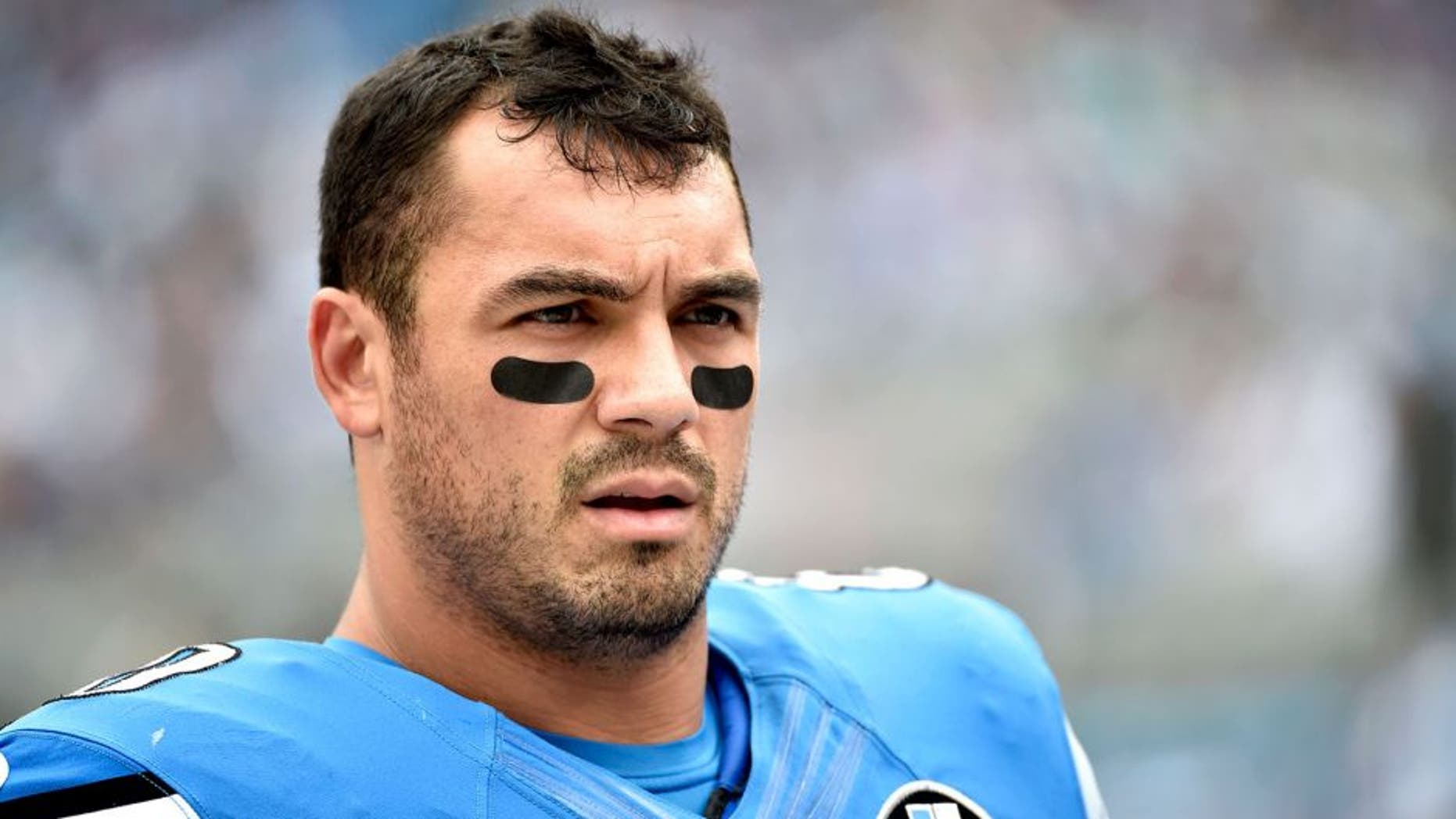 Sep 14, 2014; Charlotte, NC, USA; Detroit Lions tight end Joseph Fauria (80) on the sidelines in the first half at Bank of America Stadium. Mandatory Credit: Bob Donnan-USA TODAY Sports