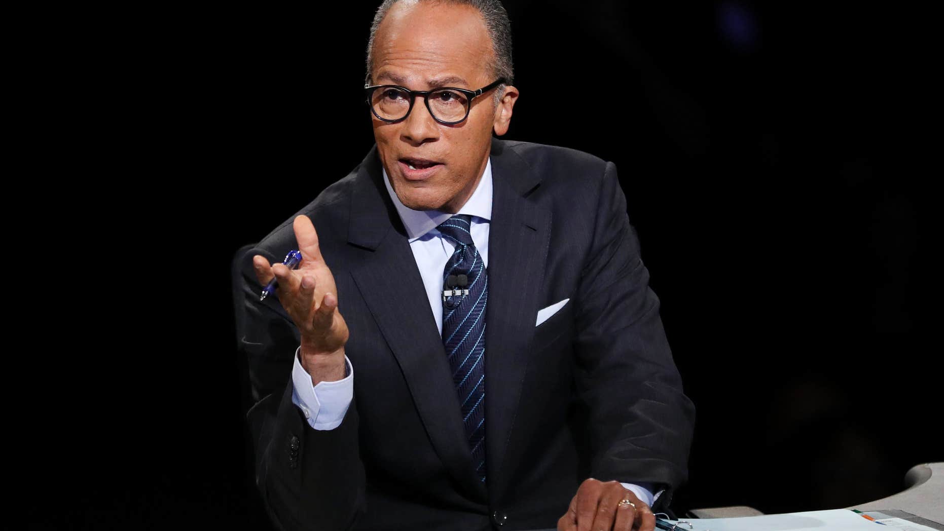 Sept. 26, 2016: Moderator Lester Holt, anchor of NBC Nightly News, asks a question of Democratic presidential nominee Hillary Clinton during the presidential debate Republican presidential nominee Donald Trump at Hofstra University in Hempstead, N.Y.