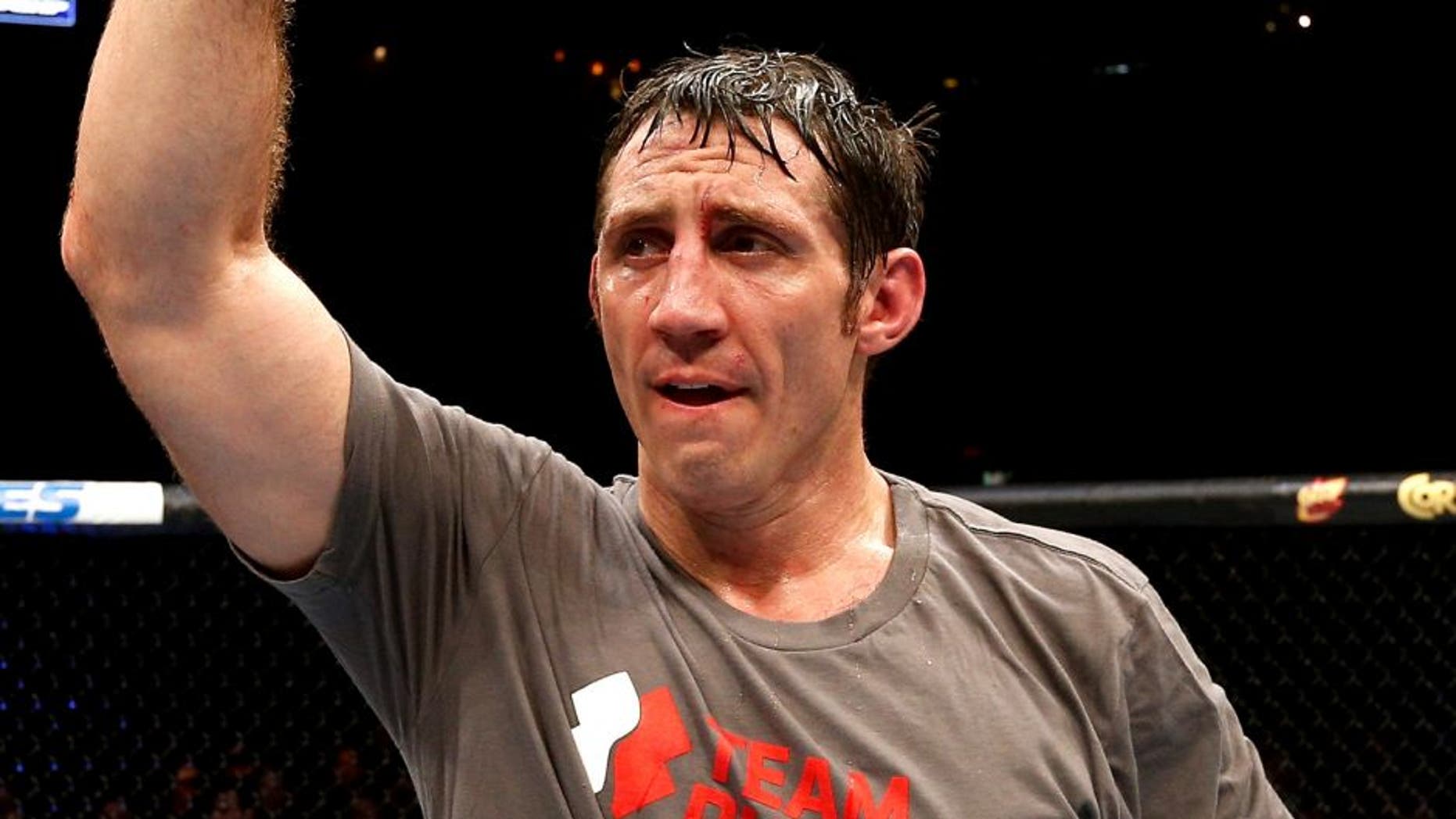 QUEBEC CITY, CANADA - APRIL 16: Tim Kennedy reacts after his decision victory over Michael Bisping in their middleweight fight during the TUF Nations Finale at Colisee Pepsi on April 16, 2014 in Quebec City, Quebec, Canada. (Photo by Josh Hedges/Zuffa LLC/Zuffa LLC via Getty Images)