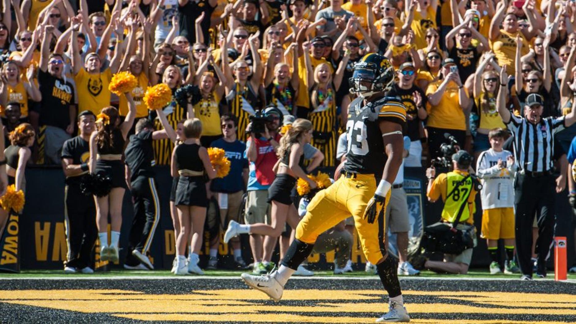 Sep 26, 2015; Iowa City, IA, USA; Iowa Hawkeyes running back Jordan Canzeri (33) celebrates one of his three first half touchdowns against the North Texas Mean Green at Kinnick Stadium. Mandatory Credit: Jeffrey Becker-USA TODAY Sports