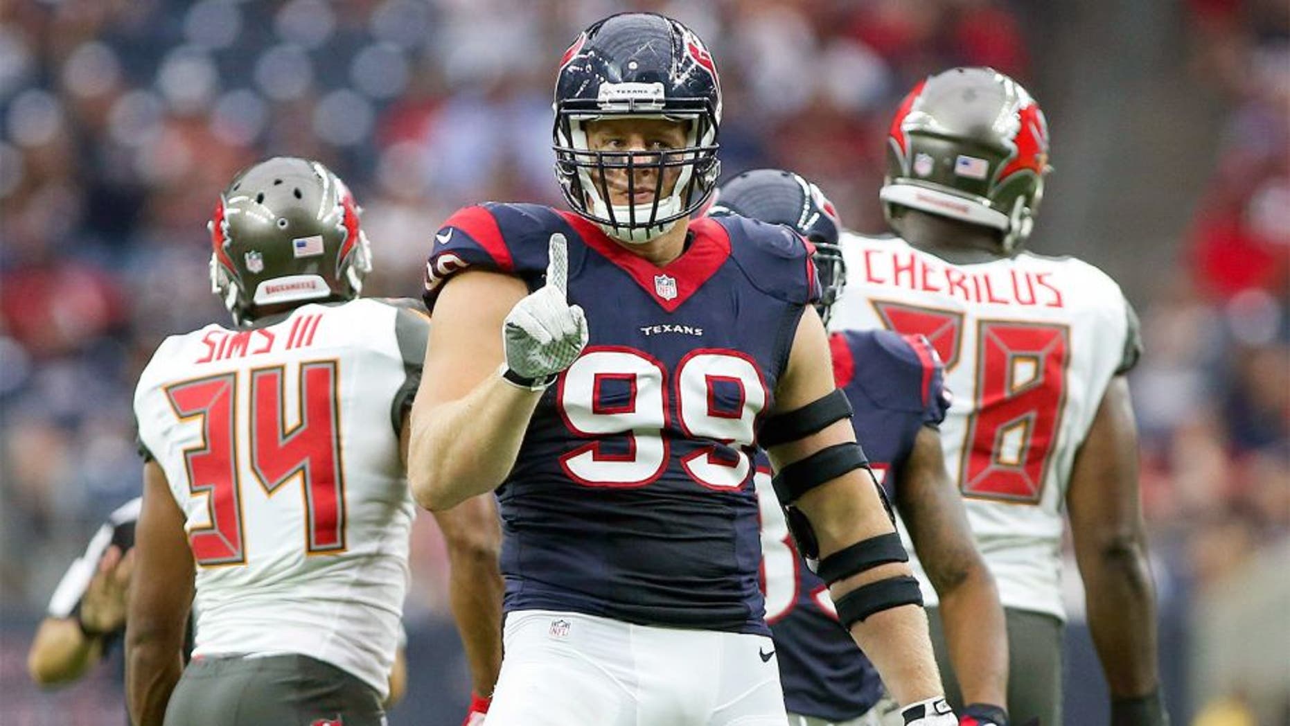Sep 27, 2015; Houston, TX, USA; Houston Texans defensive end J.J. Watt (99) reacts after making a tackle during the second quarter against the Tampa Bay Buccaneers at NRG Stadium. Mandatory Credit: Troy Taormina-USA TODAY Sports