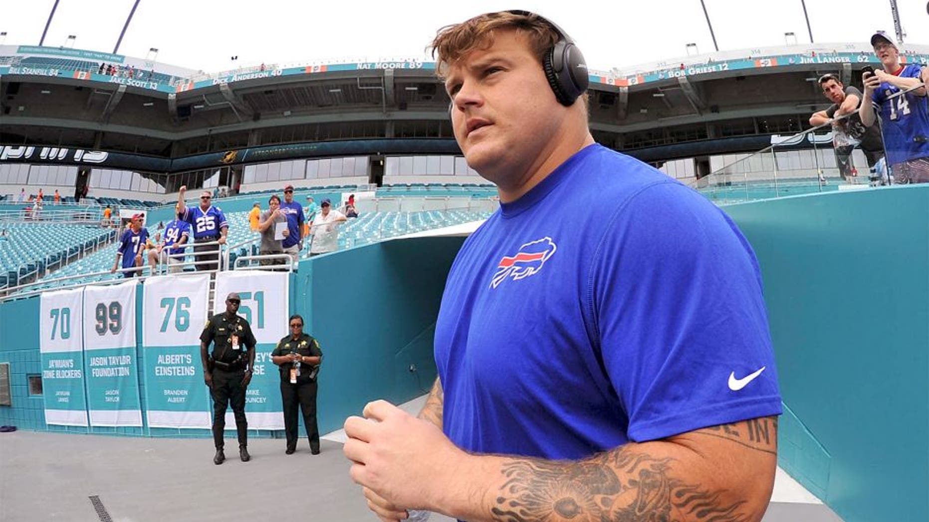 Sep 27, 2015; Miami Gardens, FL, USA; Buffalo Bills offensive guard Richie Incognito (64) takes the field before a game against the Miami Dolphins at Sun Life Stadium. Mandatory Credit: Steve Mitchell-USA TODAY Sports