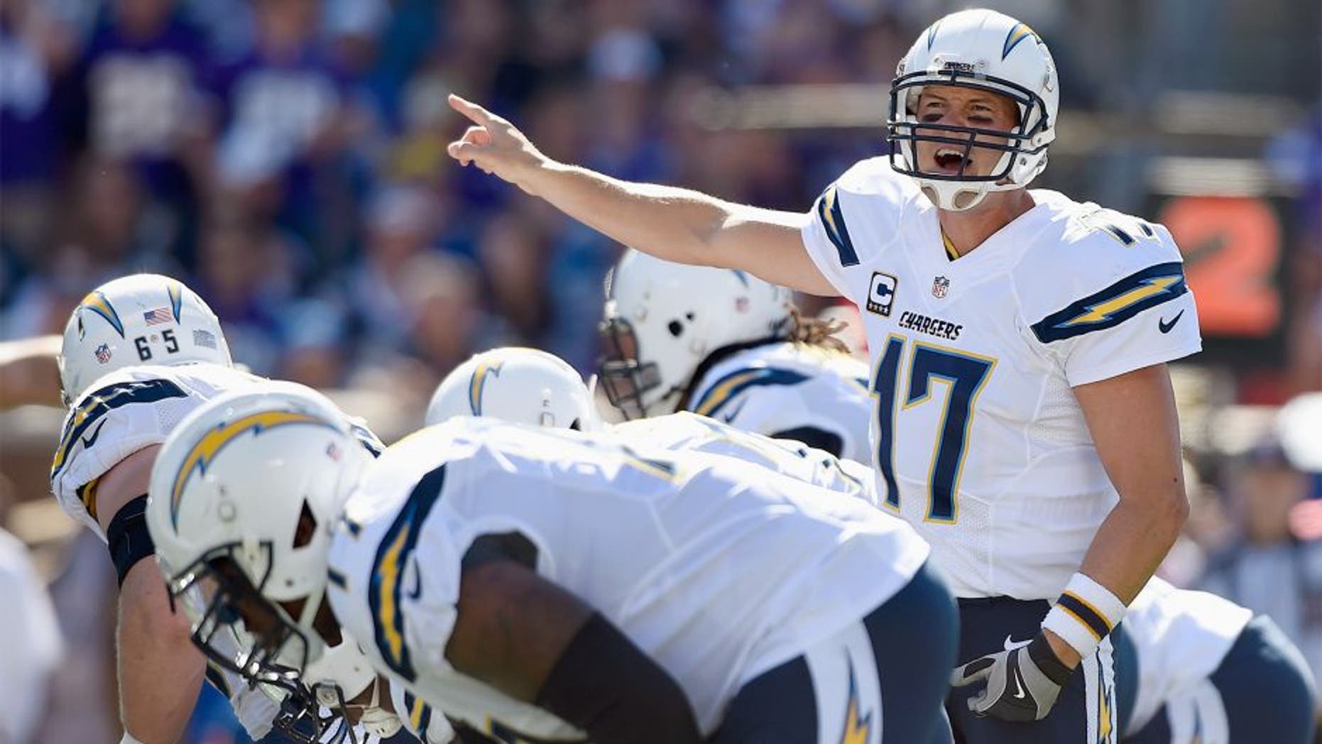 MINNEAPOLIS, MN - SEPTEMBER 27: Philip Rivers #17 of the San Diego Chargers calls a play at the line of scrimmage against the Minnesota Vikings during the first quarter of the game on September 27, 2015 at TCF Bank Stadium in Minneapolis, Minnesota. (Photo by Hannah Foslien/Getty Images)