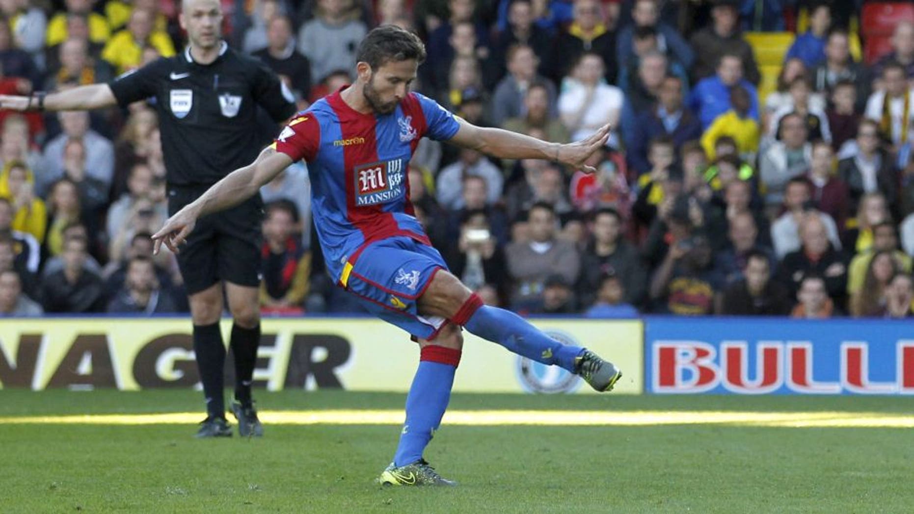 Crystal Palaces French midfielder Yohan Cabaye scores the opening goal from the penalty spot during the English Premier League football match between Watford and Crystal Palace at Vicarage Road Stadium in Watford, north of London on September 27, 2015. AFP PHOTO / IAN KINGTON RESTRICTED TO EDITORIAL USE. No use with unauthorized audio, video, data, fixture lists, club/league logos or 'live' services. Online in-match use limited to 75 images, no video emulation. No use in betting, games or single club/league/player publications. (Photo credit should read IAN KINGTON/AFP/Getty Images)