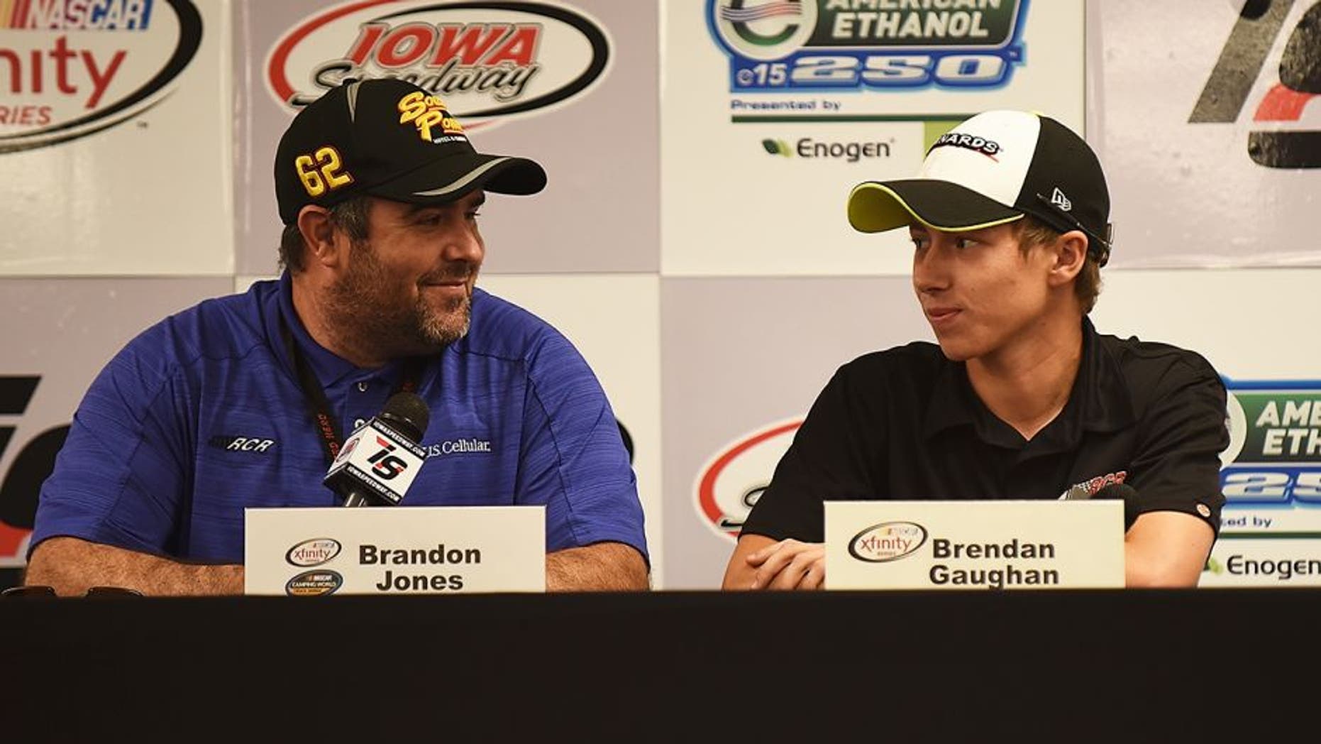NEWTON, IA - JUNE 18: (L-R) Brendan Gaughan, driver of the #62 South Point Chevrolet and Brandon Jones, driver of the #33 Jeld-Wen / Menards Chevrolet, speak during a press conference at Iowa Speedway on June 18, 2016 in Newton, Iowa. (Photo by Jonathan Moore/NASCAR via Getty Images)