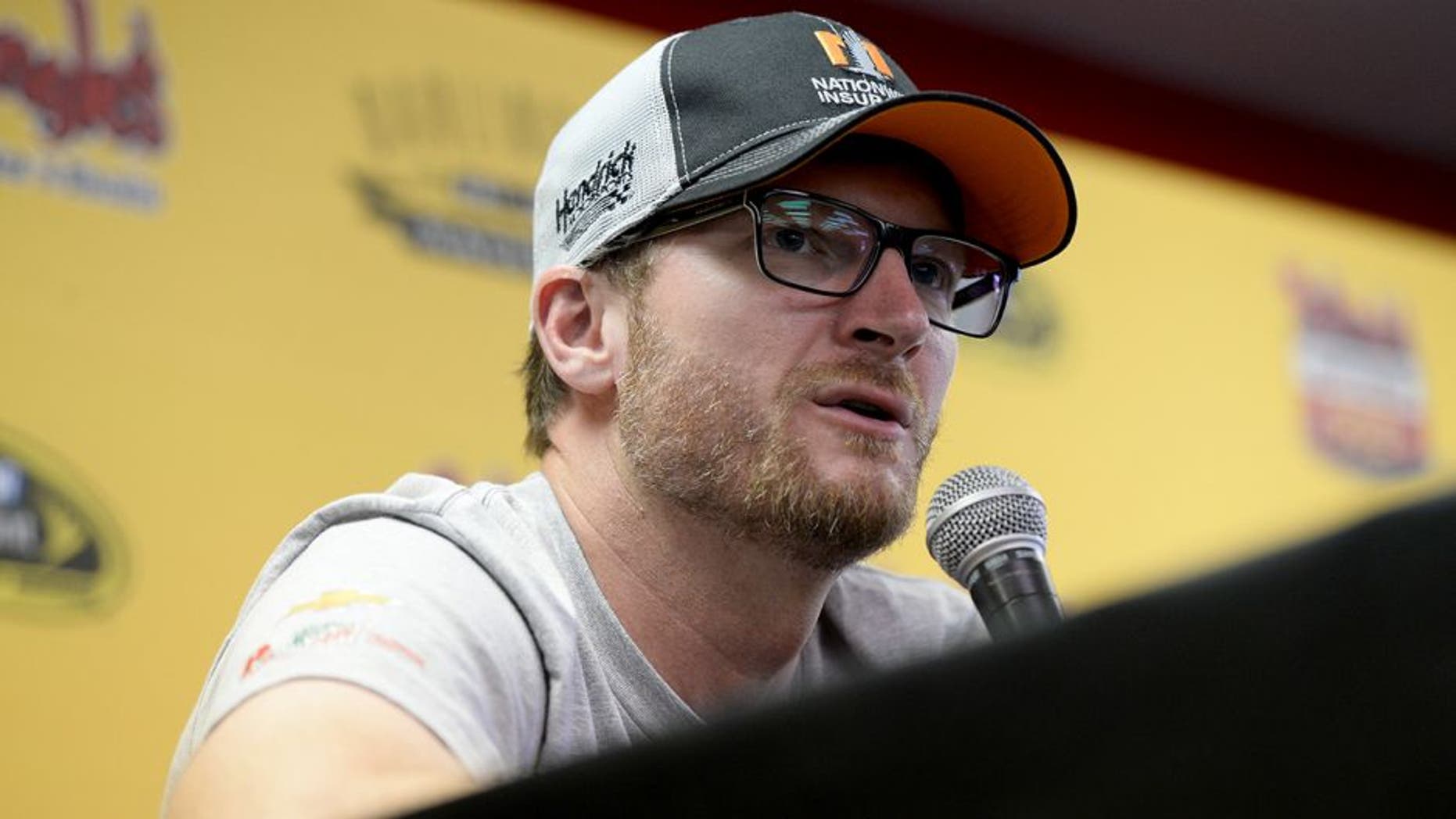 DARLINGTON, SC - SEPTEMBER 04: Dale Earnhardt Jr. speaks to the media during the NASCAR Sprint Cup Series Bojangles' Southern 500 at Darlington Raceway on September 4, 2016 in Darlington, South Carolina. (Photo by Blaine Ohigashi/Getty Images)
