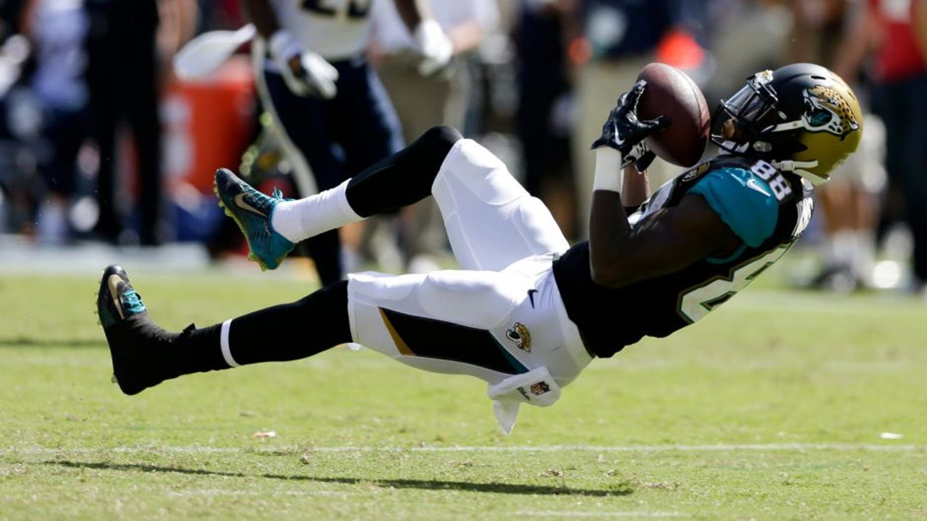 Jacksonville Jaguars wide receiver Allen Hurns hauls in a 45-yard past against the San Diego Chargers during the first half an NFL football game Sunday, Sept. 28, 2014, in San Diego. (AP Photo/Gregory Bull)