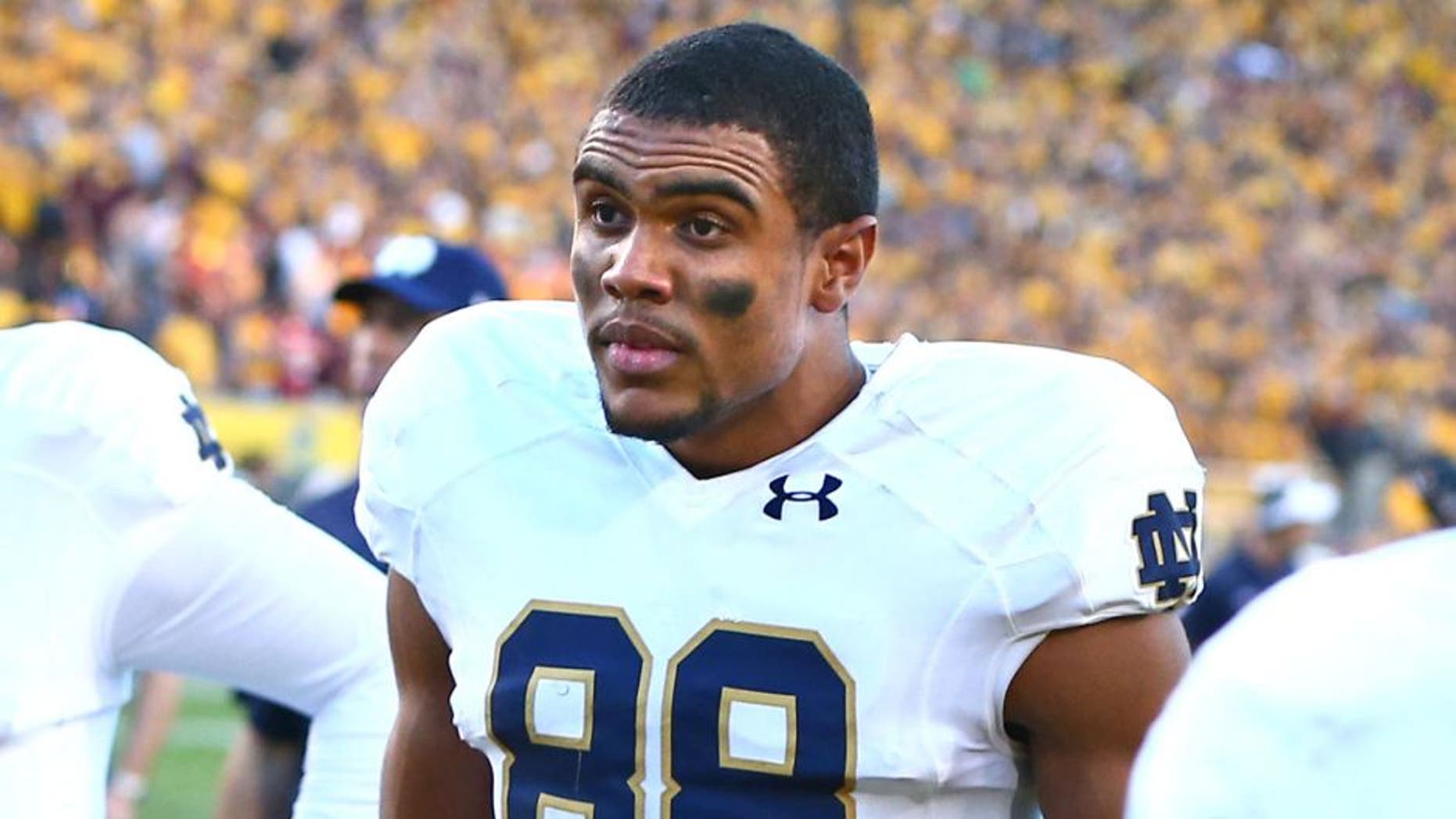 Nov 8, 2014; Tempe, AZ, USA; Notre Dame Fighting Irish wide receiver Corey Robinson (88) against the Arizona State Sun Devils at Sun Devil Stadium. Arizona State defeated Notre Dame 55-31. Mandatory Credit: Mark J. Rebilas-USA TODAY Sports