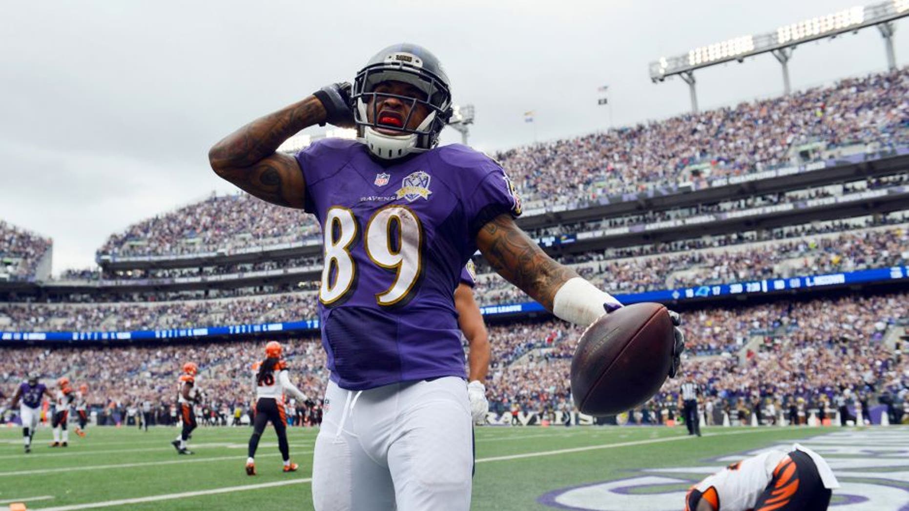 Sep 27, 2015; Baltimore, MD, USA; ) Baltimore Ravens wide receiver Steve Smith (89) celebrates after hits touchdown during the third quarter against the Cincinnati Bengals at M&T Bank Stadium. Mandatory Credit: Tommy Gilligan-USA TODAY Sports
