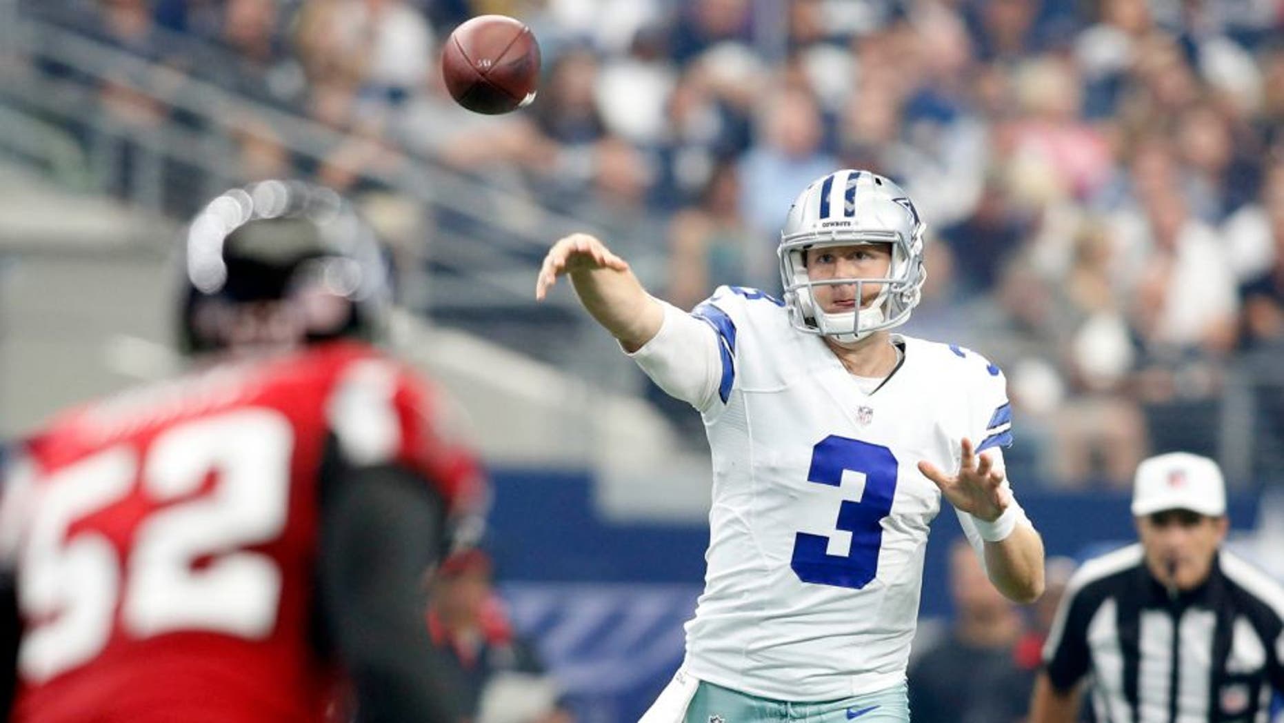 Sep 27, 2015; Arlington, TX, USA; Dallas Cowboys quarterback Brandon Weeden (3) throws a pass in the second quarter against the Atlanta Falcons at AT&T Stadium. Mandatory Credit: Tim Heitman-USA TODAY Sports