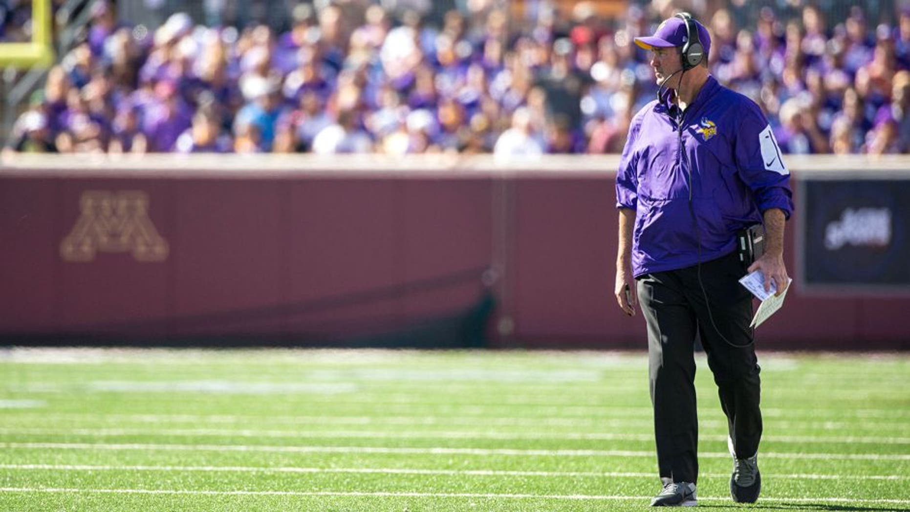 Sep 27, 2015; Minneapolis, MN, USA; Minnesota Vikings head coach Mike Zimmer looks on during the third quarter against the San Diego Chargers at TCF Bank Stadium. The Vikings defeated the Chargers 31-14. Mandatory Credit: Brace Hemmelgarn-USA TODAY Sports