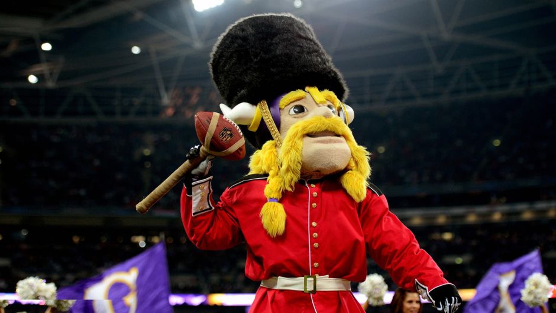 LONDON, ENGLAND - SEPTEMBER 29: Viktor the Viking the Minnesota mascot entertains the fans during the NFL International Series game between Pittsburgh Steelers and Minnesota Vikings at Wembley Stadium on September 29, 2013 in London, England. (Photo by Jamie McDonald/Getty Images)