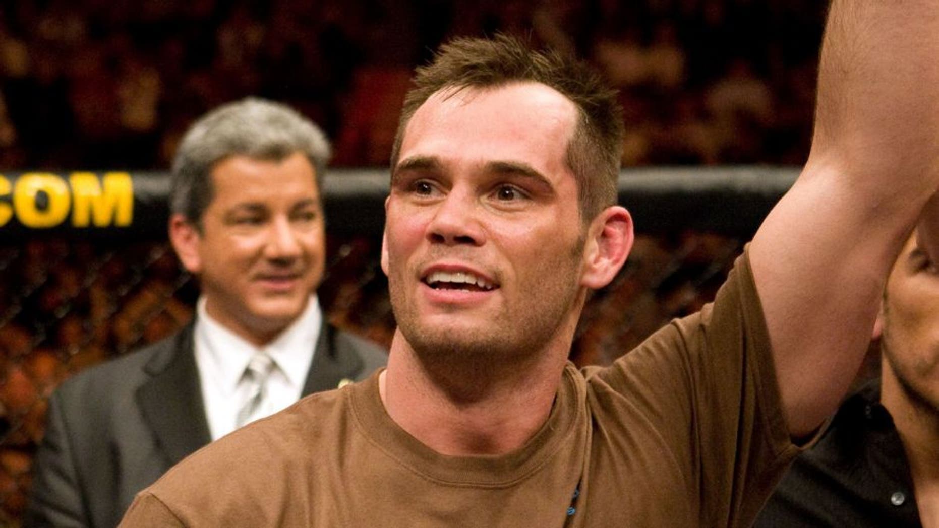 MONTREAL - APRIL 19: Rich Franklin (pink/brown shorts) def. Travis Lutter (black shorts) - TKO - 3:10 round 2 during the UFC 83 at Bell Centre on April,19,2008 in Montreal, Canada. (Photo by: Josh Hedges/Zuffa LLC via Getty Images)