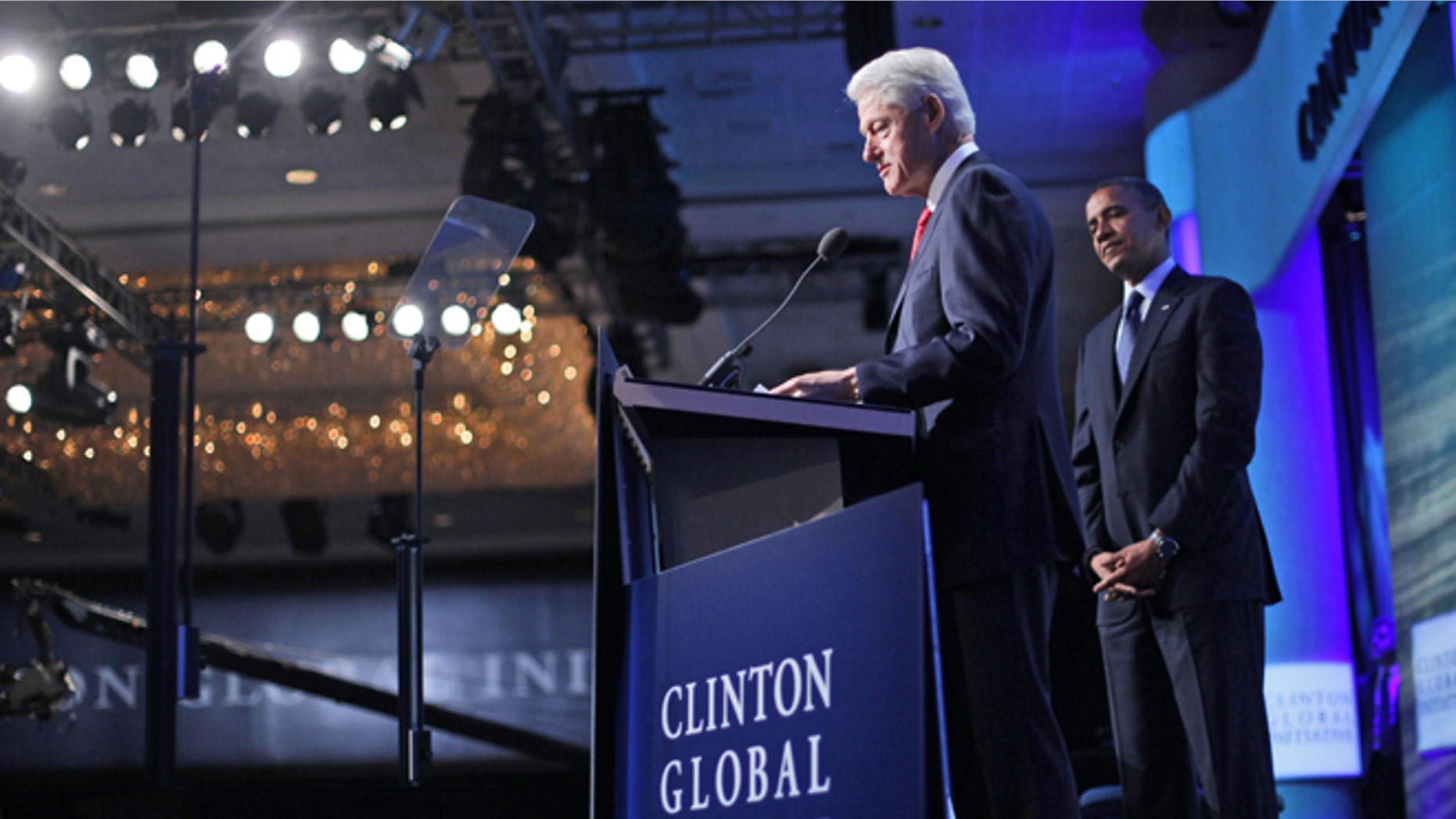 Sept. 25, 2012: Former President Bill Clinton introduces President Barack Obama at the Clinton Global Initiative Annual meeting in New York.