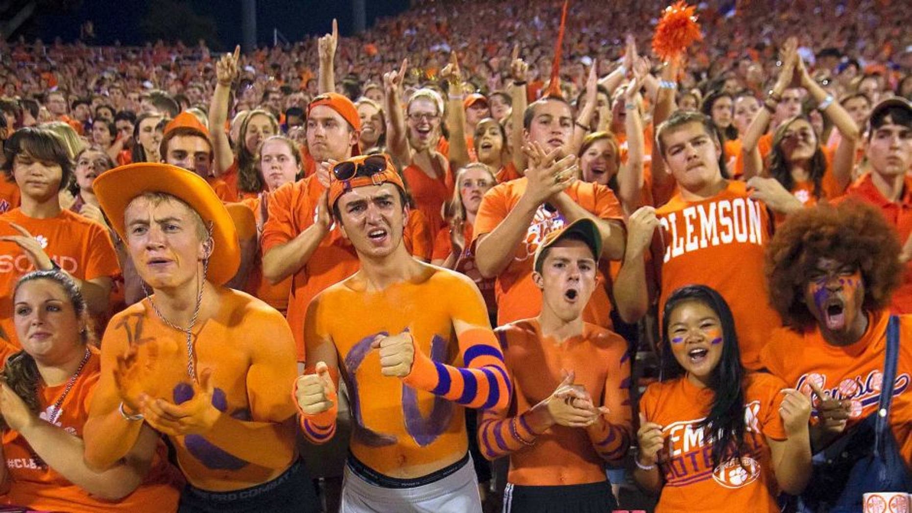 Sep 27, 2014; Clemson, SC, USA; Clemson Tigers fans react during the second quarter against the North Carolina Tar Heels at Clemson Memorial Stadium. Mandatory Credit: Joshua S. Kelly-USA TODAY Sports