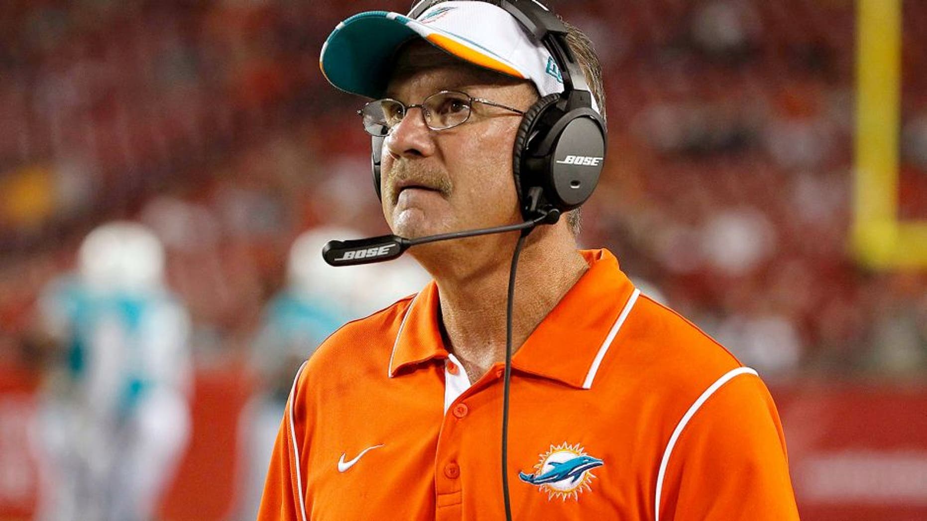 Aug 16, 2014; Tampa, FL, USA; Miami Dolphins defensive coordinator Kevin Coyle during the second half at Raymond James Stadium. Miami Dolphins defeated the Tampa Bay Buccaneers 20-14. Mandatory Credit: Kim Klement-USA TODAY Sports