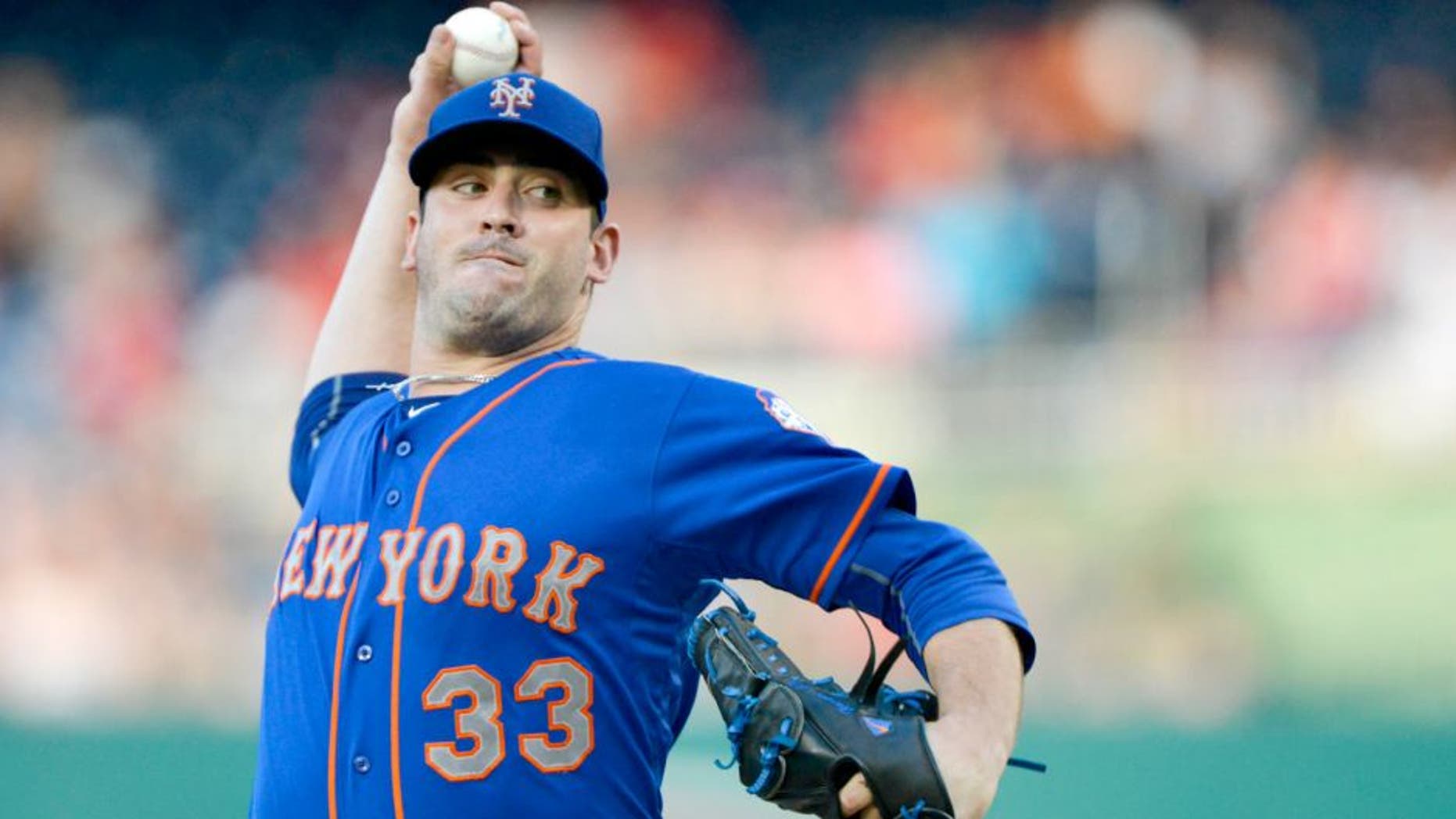 Jul 20, 2015; Washington, DC, USA; New York Mets starting pitcher Matt Harvey (33) pitches during the first inning against the Washington Nationals at Nationals Park. Mandatory Credit: Tommy Gilligan-USA TODAY Sports