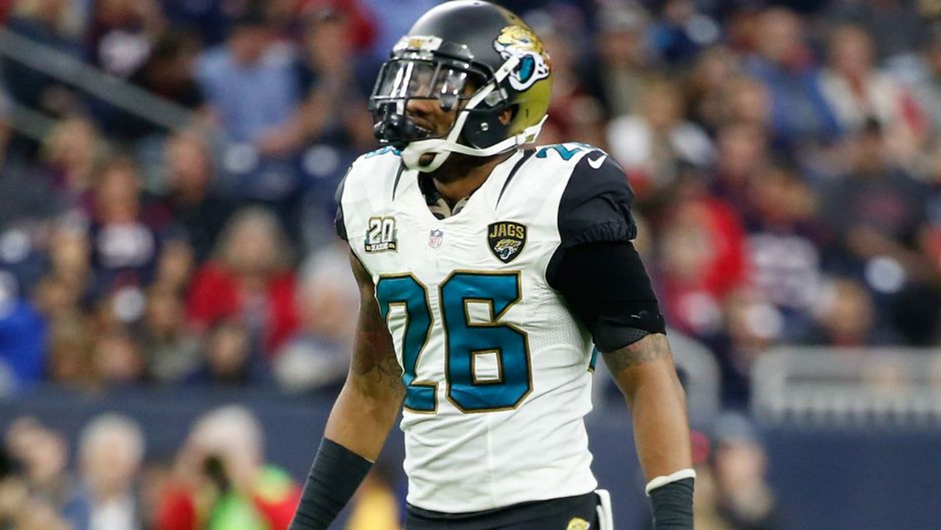 Dec 28, 2014; Houston, TX, USA; Jacksonville Jaguars free safety Josh Evans (26) during the game against the Houston Texans at NRG Stadium. Mandatory Credit: Kevin Jairaj-USA TODAY Sports