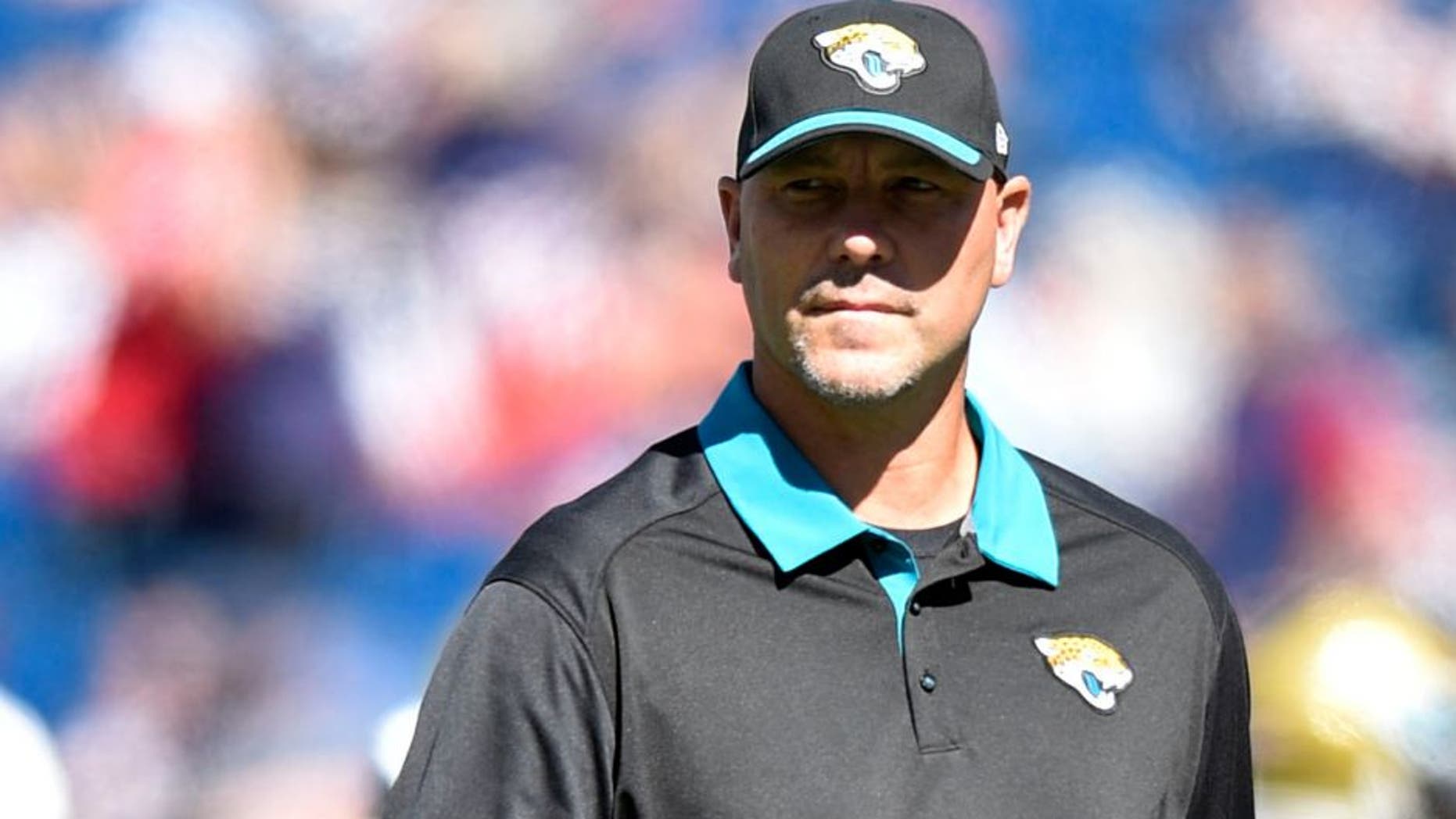 Sep 27, 2015; Foxborough, MA, USA; Jacksonville Jaguars head coach Gus Bradley during pre-game warmups before the game against the New England Patriots at Gillette Stadium. Mandatory Credit: James Lang-USA TODAY Sports