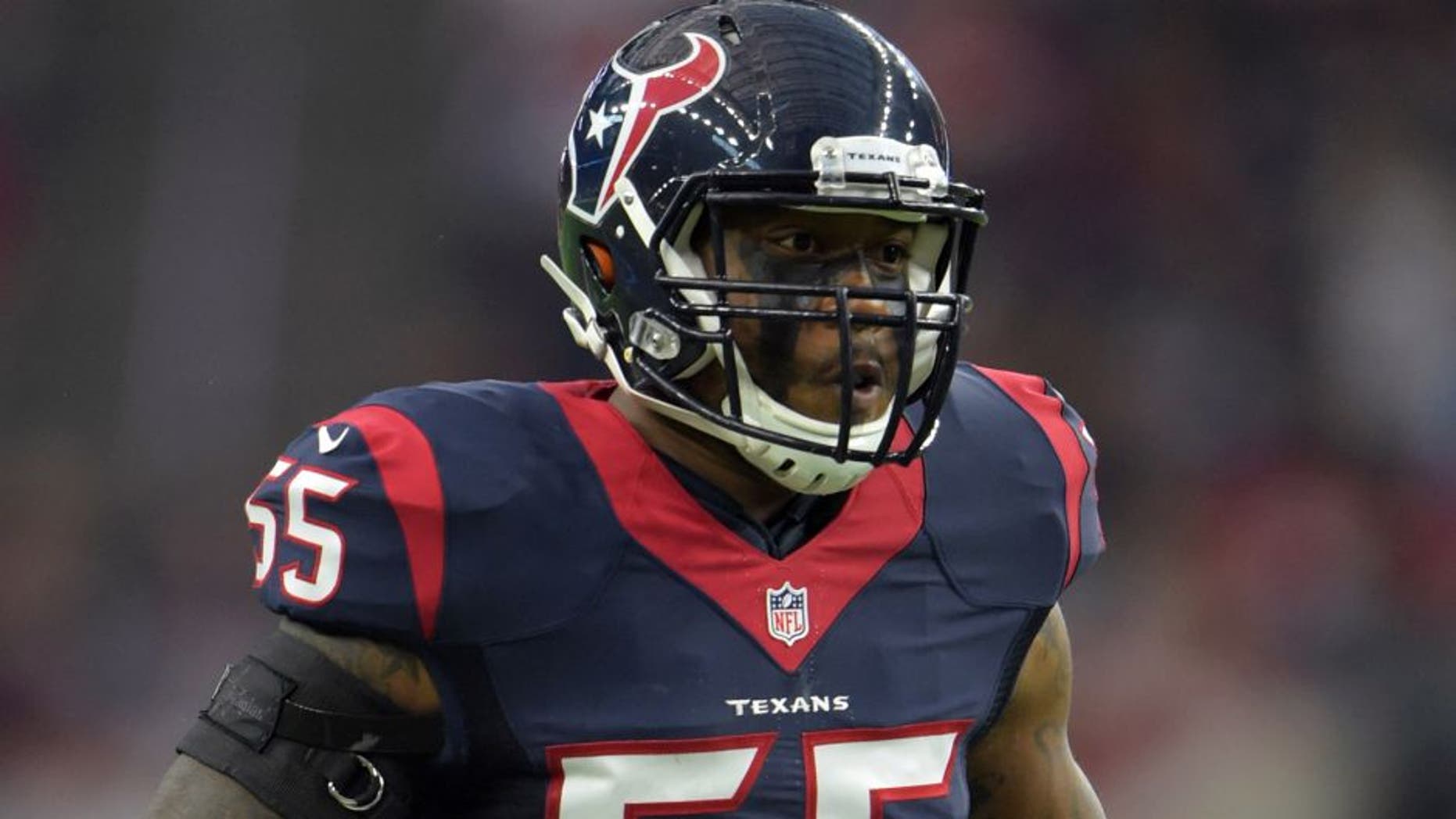 Aug 15, 2015; Houston, TX, USA; Houston Texans linebacker Benardrick McKinney (55) against the San Francisco 49ers in a preseason NFL football game at NRG Stadium. Mandatory Credit: Kirby Lee-USA TODAY Sports
