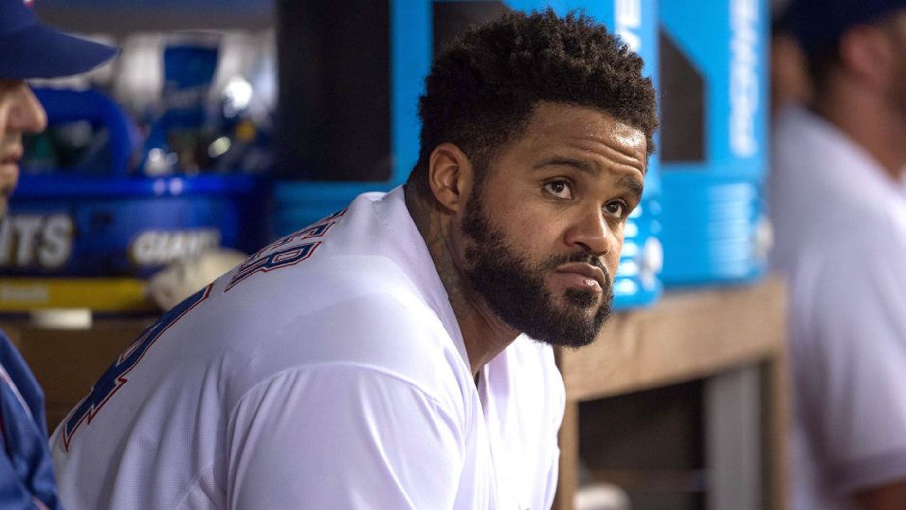 Sep 28, 2015; Arlington, TX, USA; Texas Rangers designated hitter Prince Fielder (84) watches the replay screen during the game between the Rangers and the Detroit Tigers at Globe Life Park in Arlington. Mandatory Credit: Jerome Miron-USA TODAY Sports
