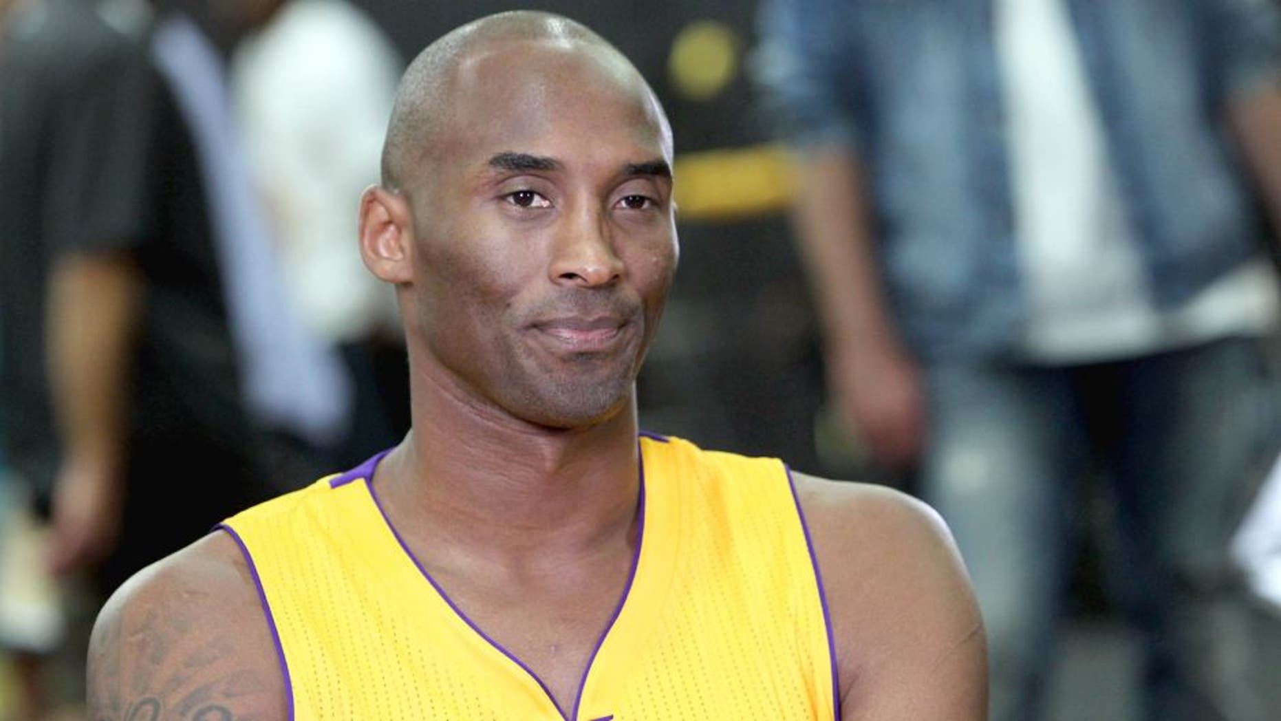 EL SEGUNDO, CA - SEPTEMBER 28: Kobe Byrant #24 of the Los Angeles Lakers addresses the media during the Los Angeles Lakers Media Dayat Toyota Sports Center on September 28, 2015 in El Segundo, California. (Photo by Leon Bennett/Getty Images)