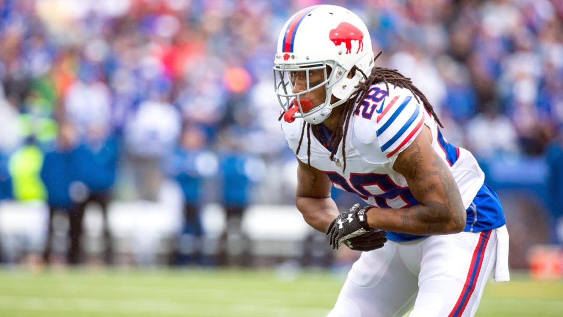 ORCHARD PARK, NY - SEPTEMBER 13: Ronald Darby #28 of the Buffalo Bills comes set to defend against the Indianapolis Colts on September 13, 2015 at Ralph Wilson Stadium in Orchard Park, New York. Buffalo defeats Indianapolis 27-14. (Photo by Brett Carlsen/Getty Images)