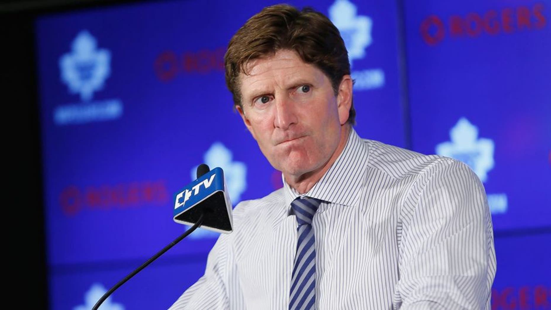 Sep 21, 2015; Toronto, Ontario, CAN; Toronto Maple Leafs head coach Mike Babcock at a post game media conference following a win over the Ottawa Senators at the Air Canada Centre. Toronto defeated Ottawa 4-1. Mandatory Credit: John E. Sokolowski-USA TODAY Sports
