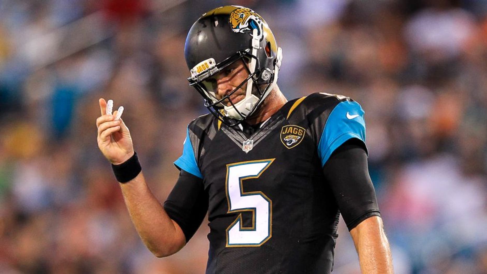 JACKSONVILLE, FL - AUGUST 28: Blake Bortles #5 of the Jacksonville Jaguars reacts during the preseason game against the Cincinnati Bengals at EverBank Field on August 28, 2016 in Jacksonville, Florida. (Photo by Rob Foldy/Getty Images)