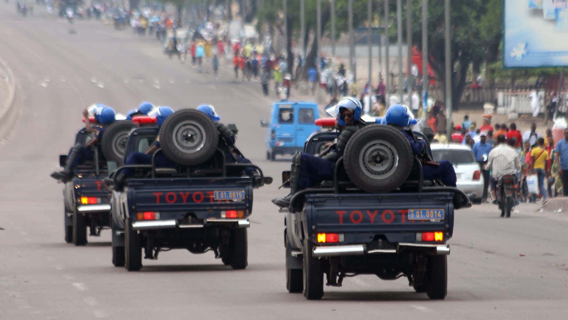 Sept. 20, 2016: Congo riot police patrol streets on trucks, after violence erupted due to the delay of the presidential elections in Kinshasa, Democratic Republic of Congo.