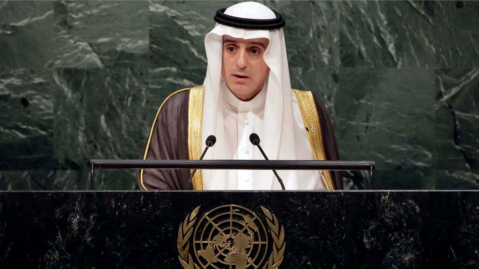 FILE - In this Sept. 27, 2015, file photo, Saudi Foreign Minister Adel al-Jubeir addresses the 2015 Sustainable Development Summit at United Nations headquarters.
