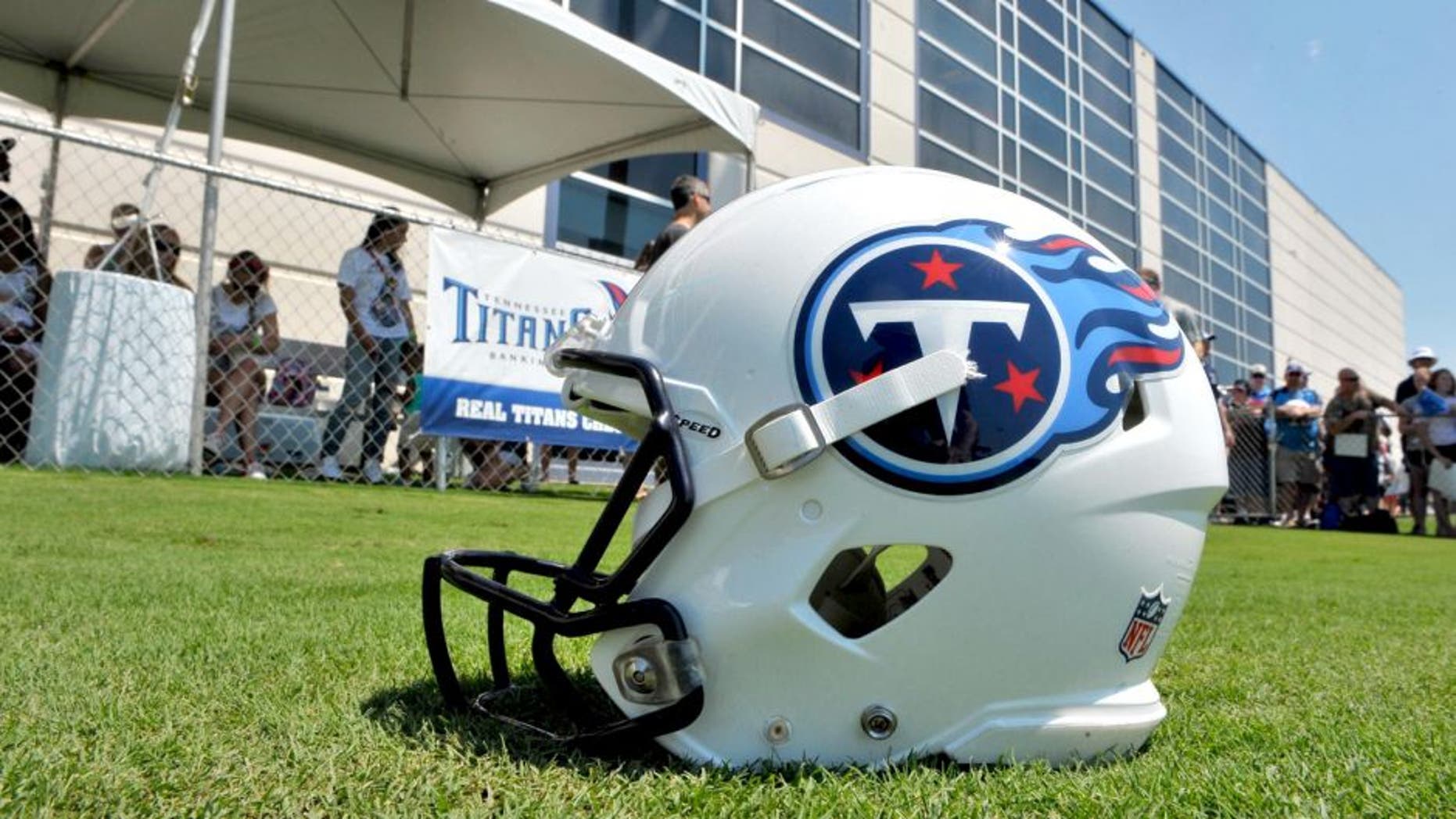 Jul 26, 2014; Nashville, TN, USA; General view of a Tennessee Titans helmet during training camp at Saint Thomas Sports Park. Mandatory Credit: Jim Brown-USA TODAY Sports