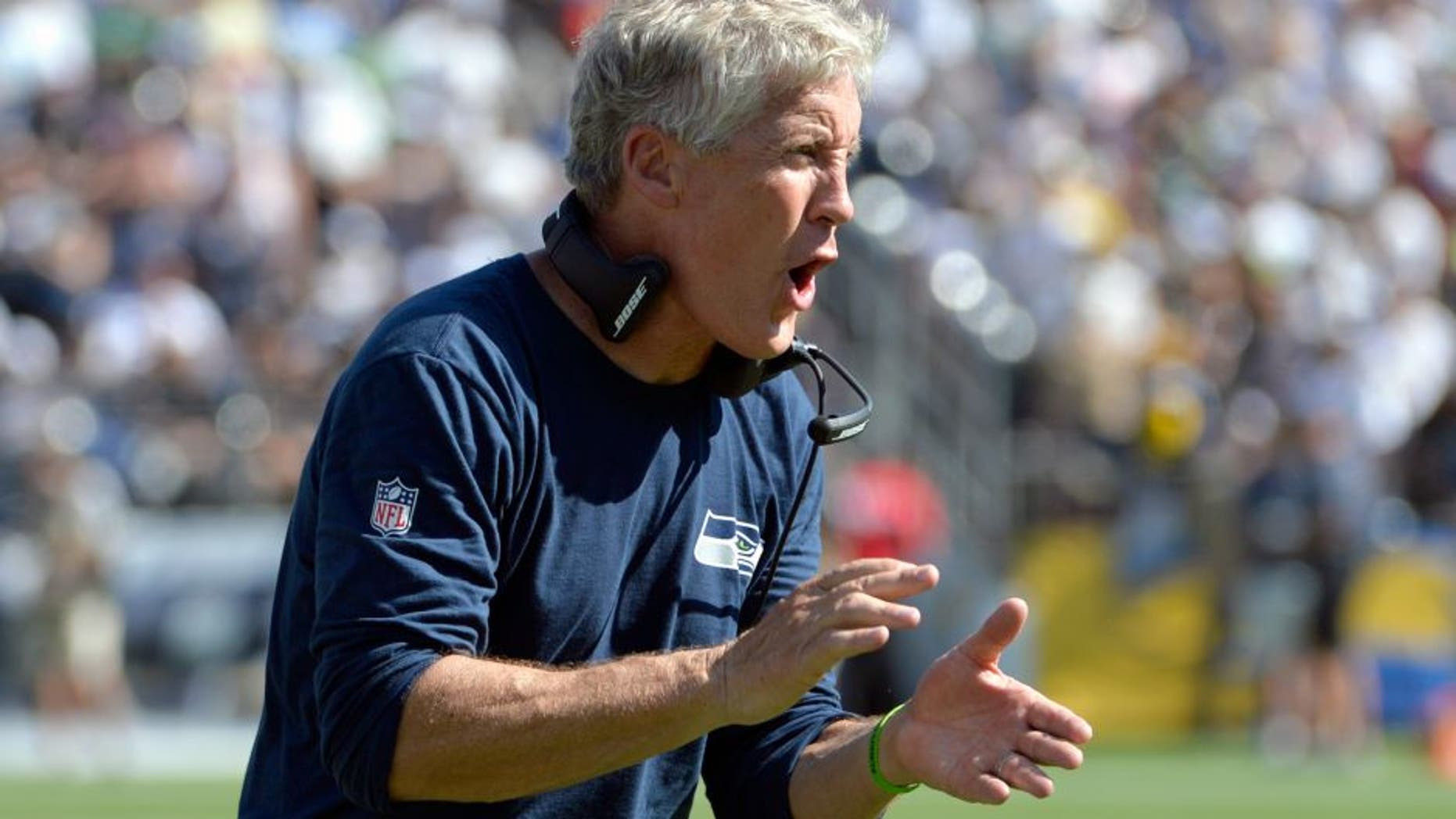 Sep 14, 2014; San Diego, CA, USA; Seattle Seahawks head coach Pete Carroll reacts to a third quarter touchdown against the San Diego Chargers at Qualcomm Stadium. Mandatory Credit: Robert Hanashiro-USA TODAY Sports