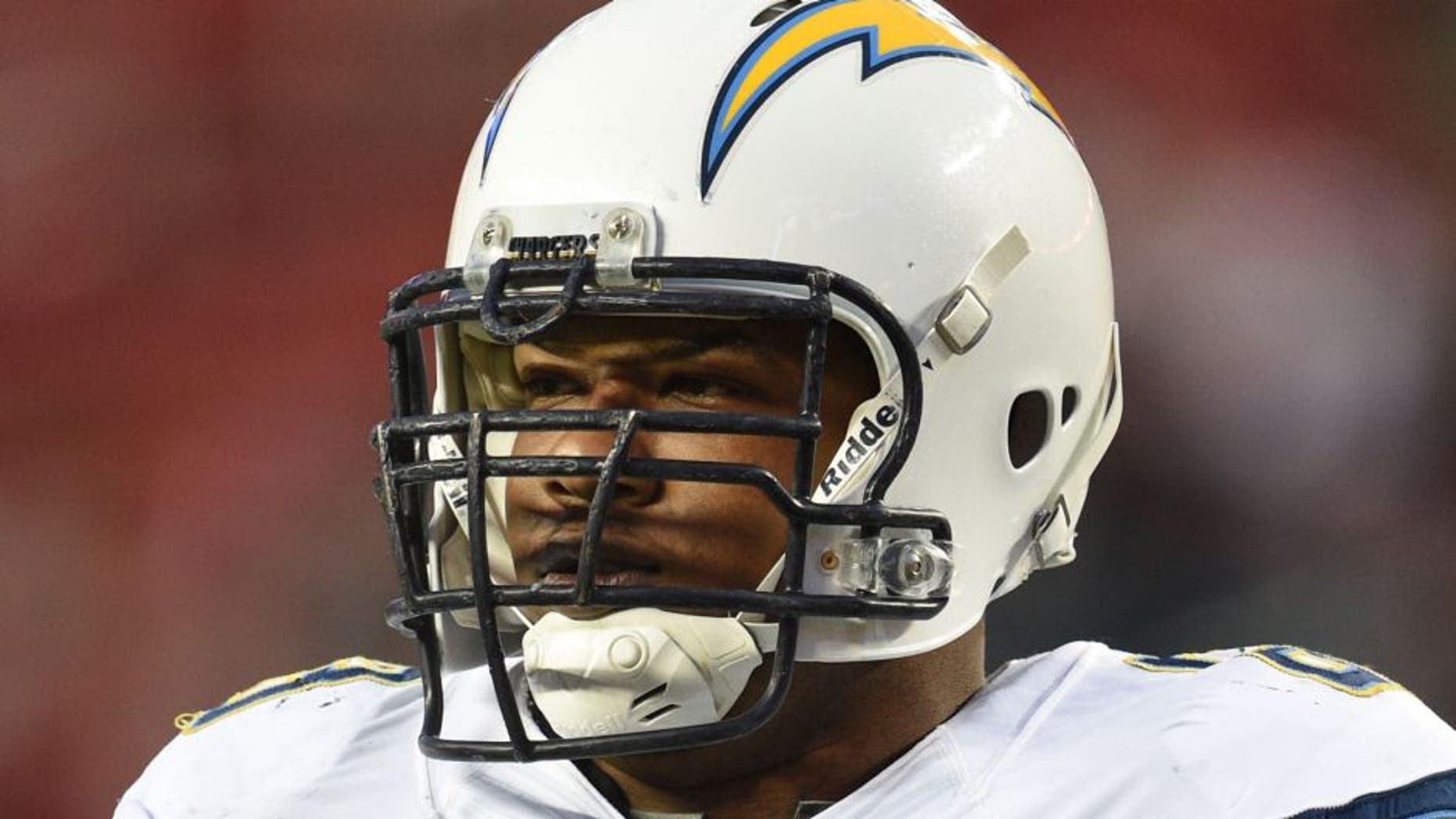 December 20, 2014; Santa Clara, CA, USA; San Diego Chargers guard Johnnie Troutman (63) before the game against the San Francisco 49ers at Levi's Stadium. The Chargers defeated the 49ers 38-35. Mandatory Credit: Kyle Terada-USA TODAY Sports