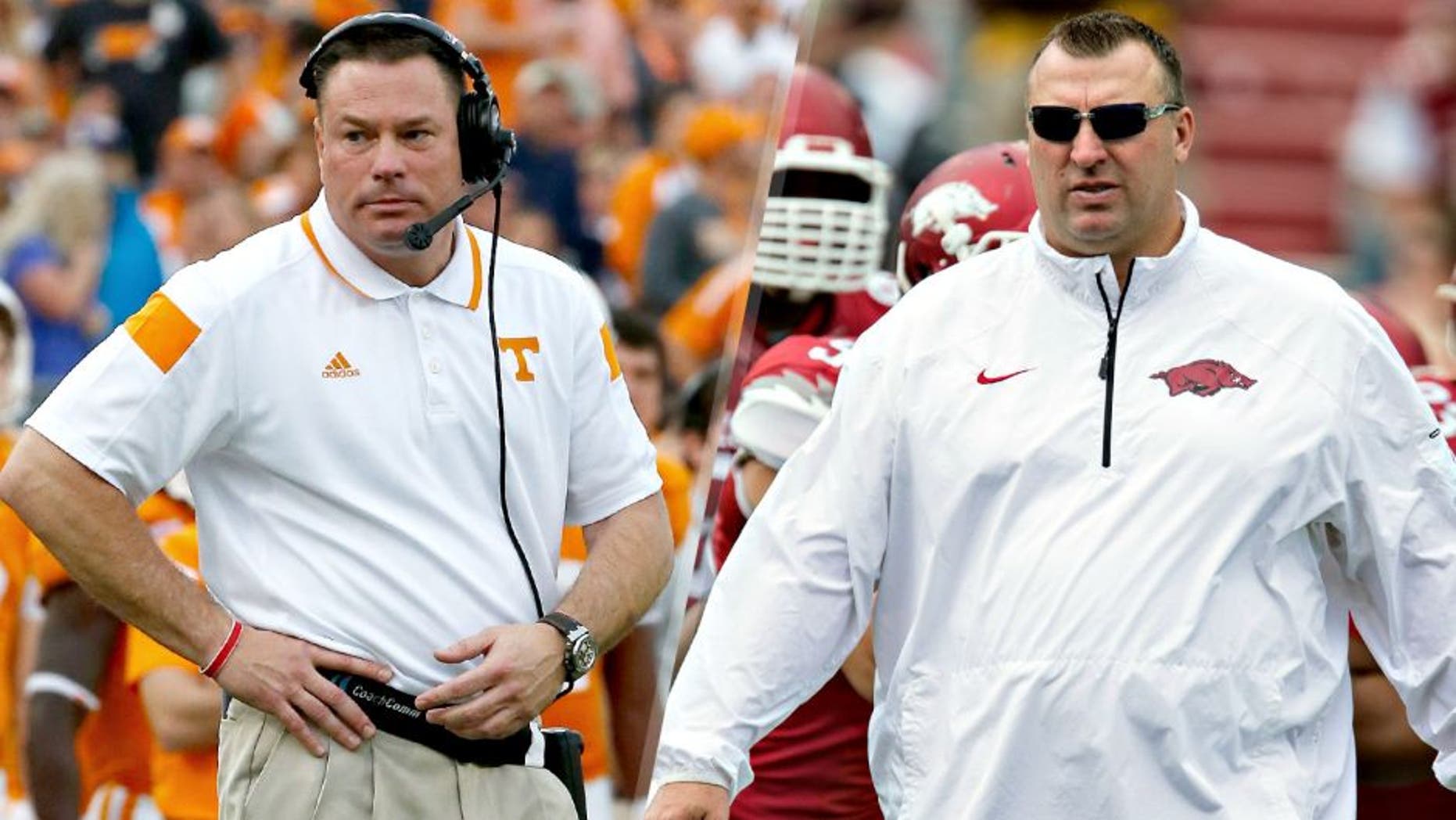 JACKSONVILLE, FL - JANUARY 02: Head coach Butch Jones of the Tennessee Volunteers watches the action during the TaxSlayer Bowl against the Iowa Hawkeyes at EverBank Field on January 2, 2015 in Jacksonville, Florida. (Photo by Sam Greenwood/Getty Images) FAYETTEVILLE, ARKANSAS - APRIL 26: Head Coach Bret Bielema of the Arkansas Razorbacks watches his team warm up before the Red White Spring Football game at Razorback Stadium on April 26, 2014 in Fayetteville, Arkansas. (Photo by Wesley Hitt/Getty Images)