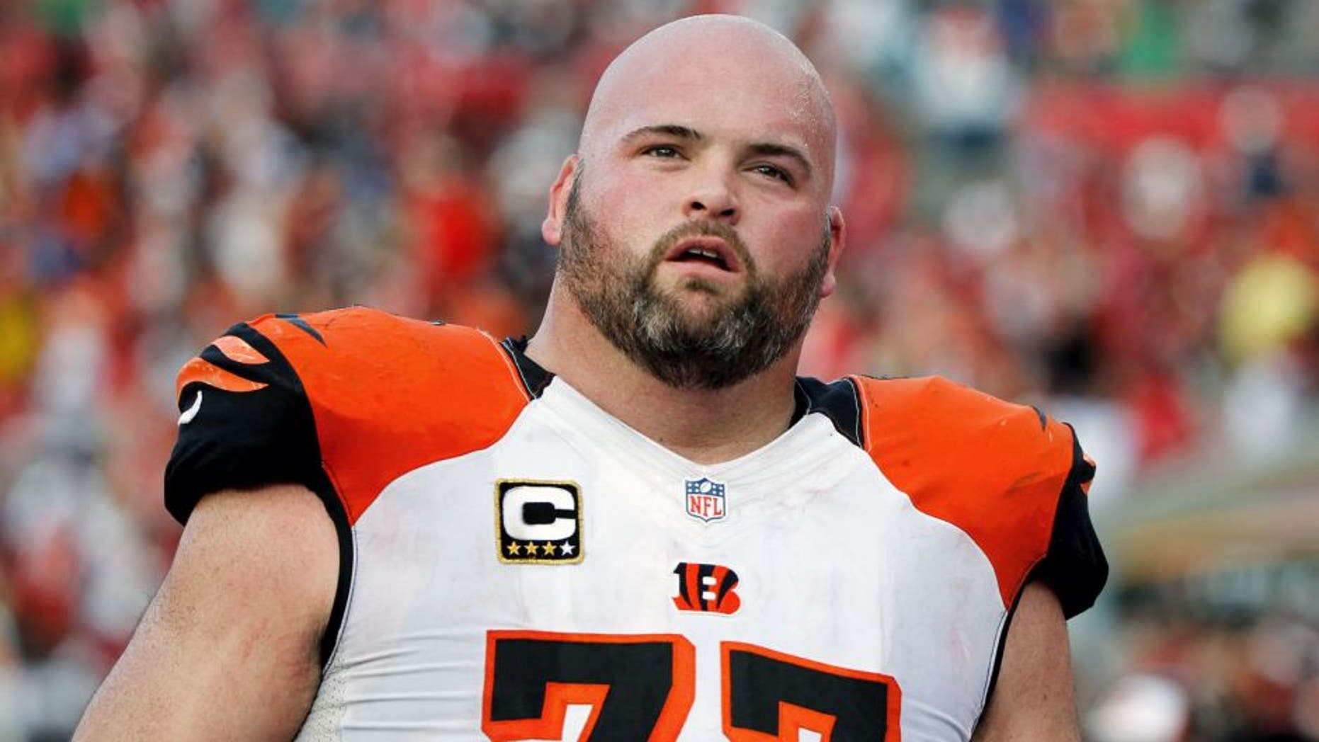 Nov 30, 2014; Tampa, FL, USA; Cincinnati Bengals tackle Andrew Whitworth (77) against the Tampa Bay Buccaneers during the second half at Raymond James Stadium. Cincinnati Bengals defeated the Tampa Bay Buccaneers 14-13. Mandatory Credit: Kim Klement-USA TODAY Sports